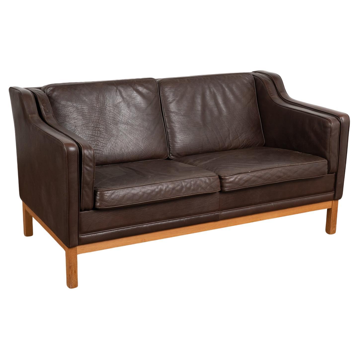 Mid Century Modern Two Seat Brown Leather Sofa Loveseat, Denmark circa 1960 For Sale