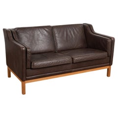 Mid Century Modern Two Seat Brown Leather Sofa Loveseat, Denmark circa 1960