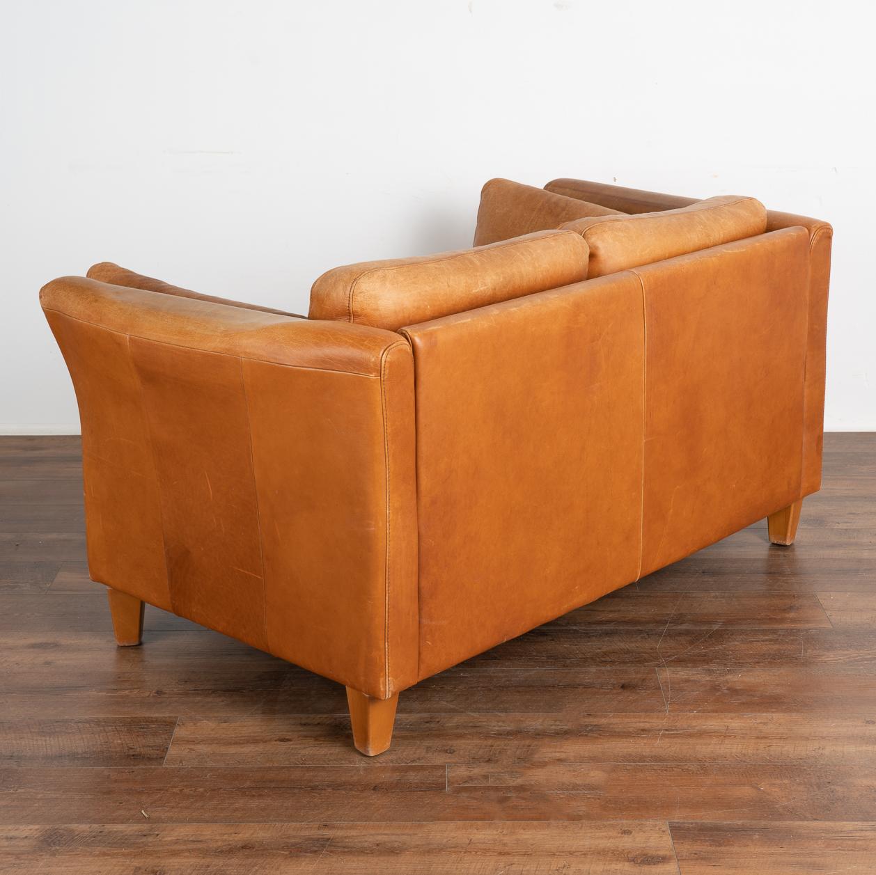 MidCentury Modern Two Seat Sofa Loveseat in Caramel Brown Leather