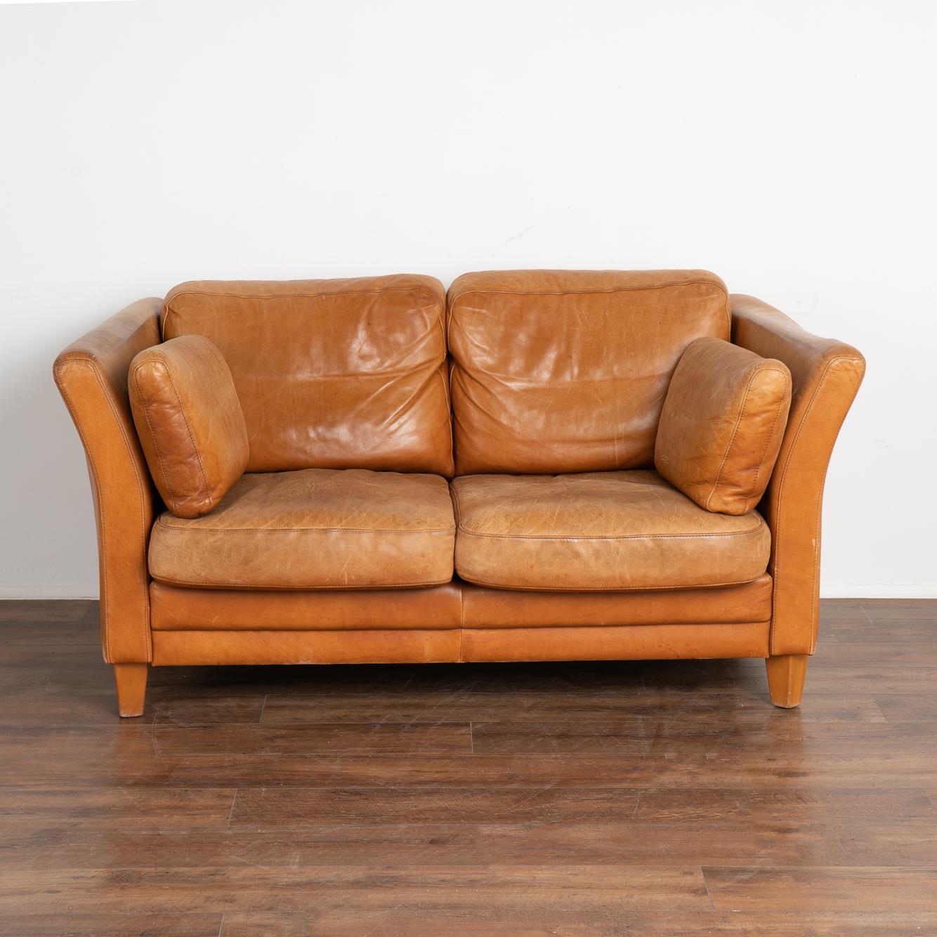 Danish Mid-Century Modern Two Seat Sofa Loveseat in Caramel Brown Leather, circa 1970