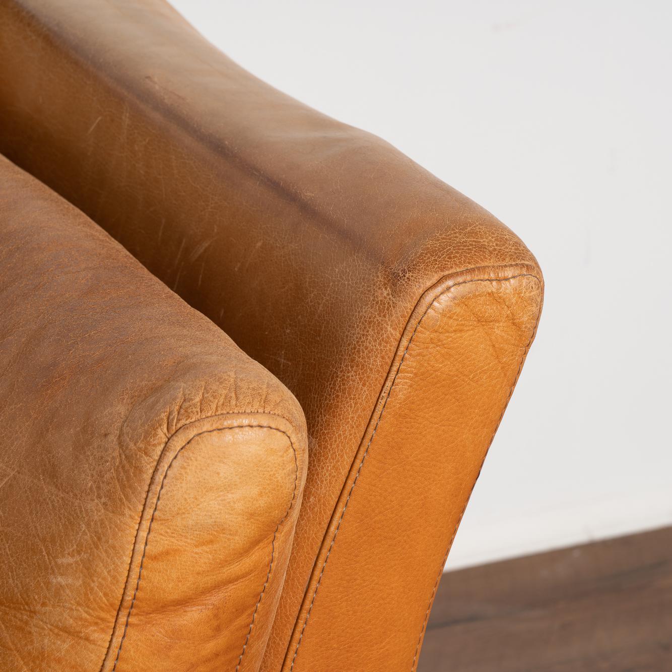 Mid-Century Modern Two Seat Sofa Loveseat in Caramel Brown Leather, circa 1970 1