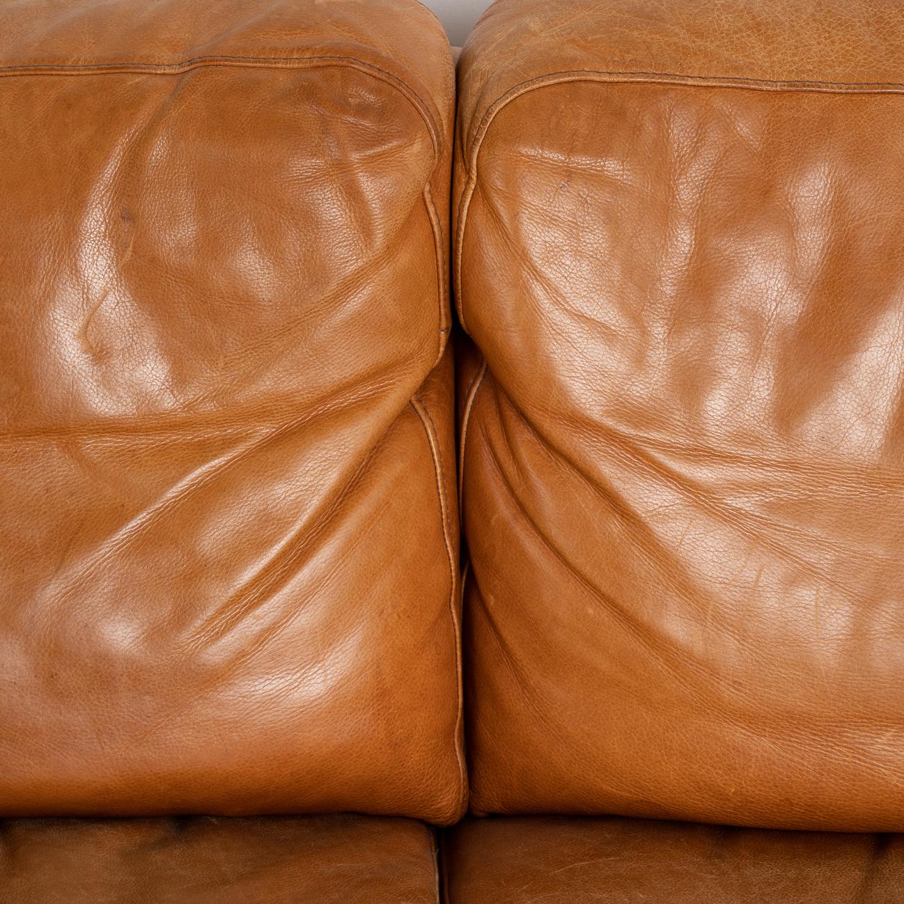 Mid-Century Modern Two Seat Sofa Loveseat in Caramel Brown Leather, circa 1970 2