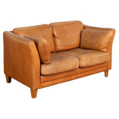 Mid-Century Modern Two Seat Sofa Loveseat in Caramel Brown Leather, circa 1970