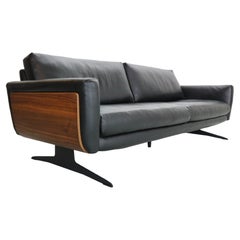 Mid-Century Modern Two Seater Black Leather& Teak Wood Sofa, Italy