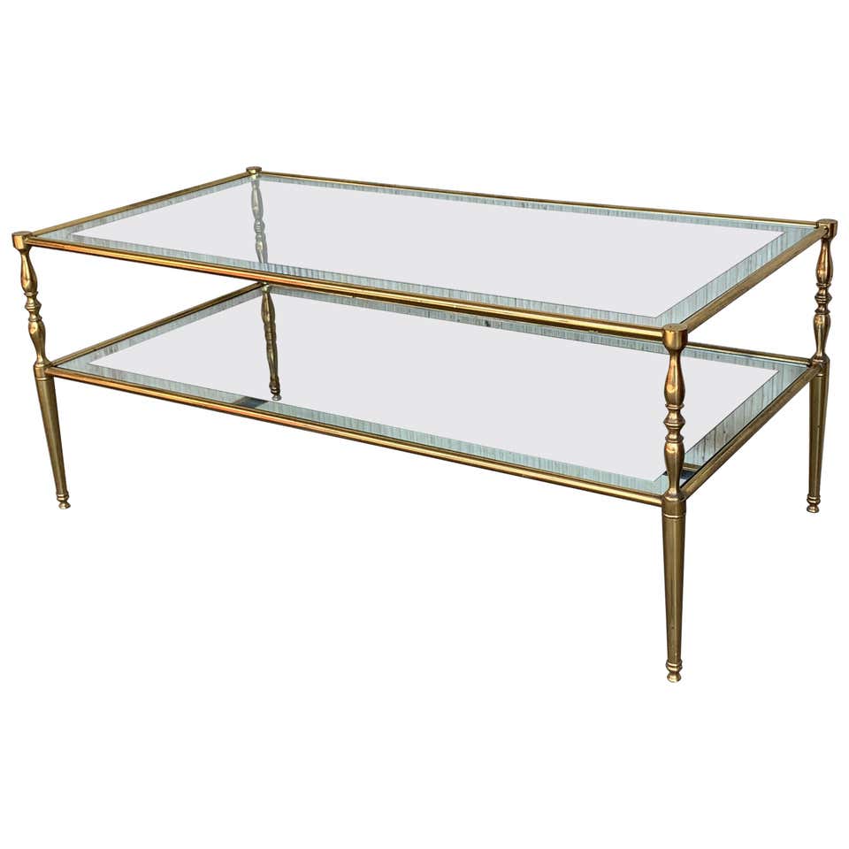 Mid-Century Modern Two-Tier Brass and Beveled Glass Rectangular Side ...