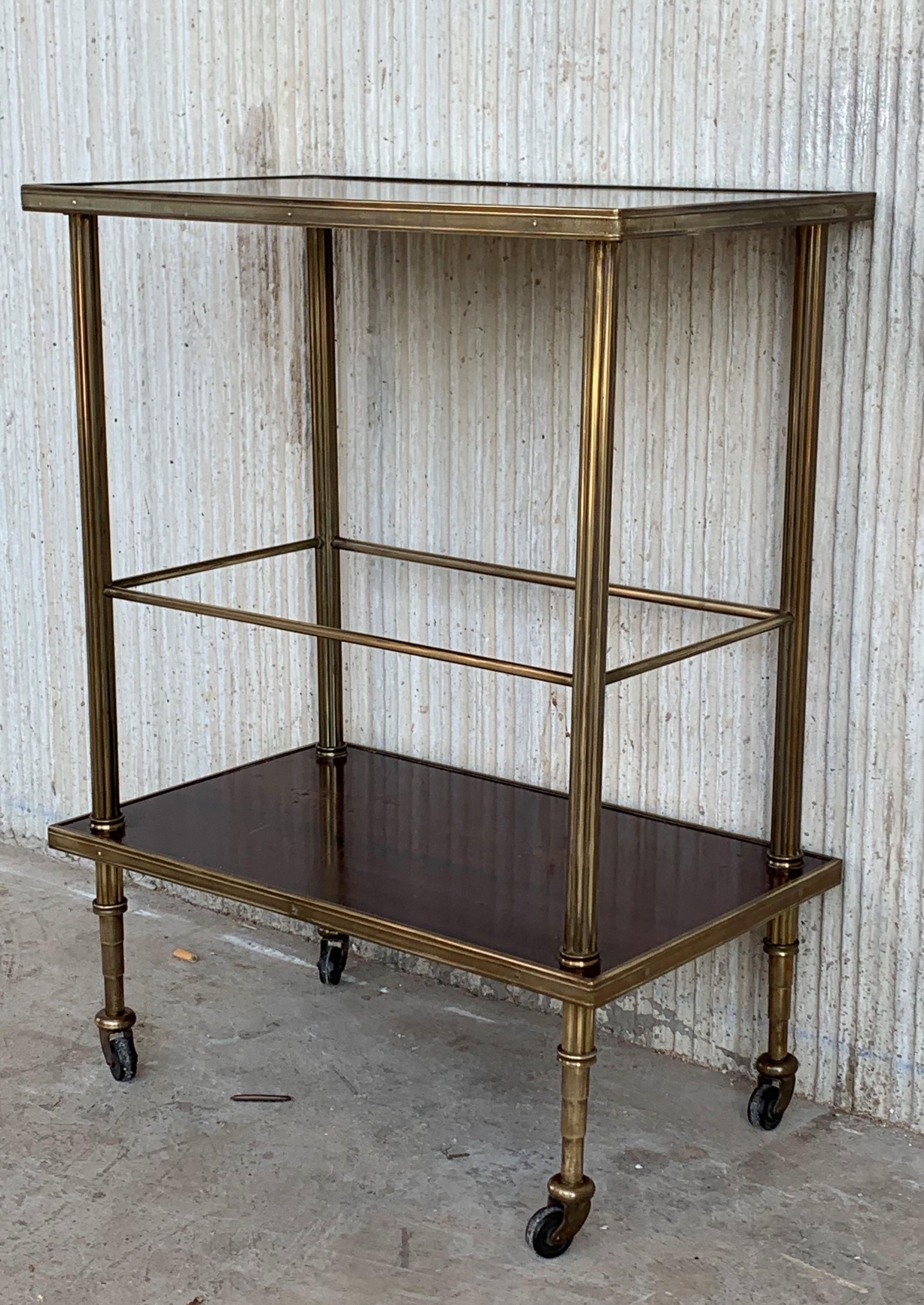 French Mid-Century Modern Two-Tier Brass and Mahogany Veneer Side Table with Wheels