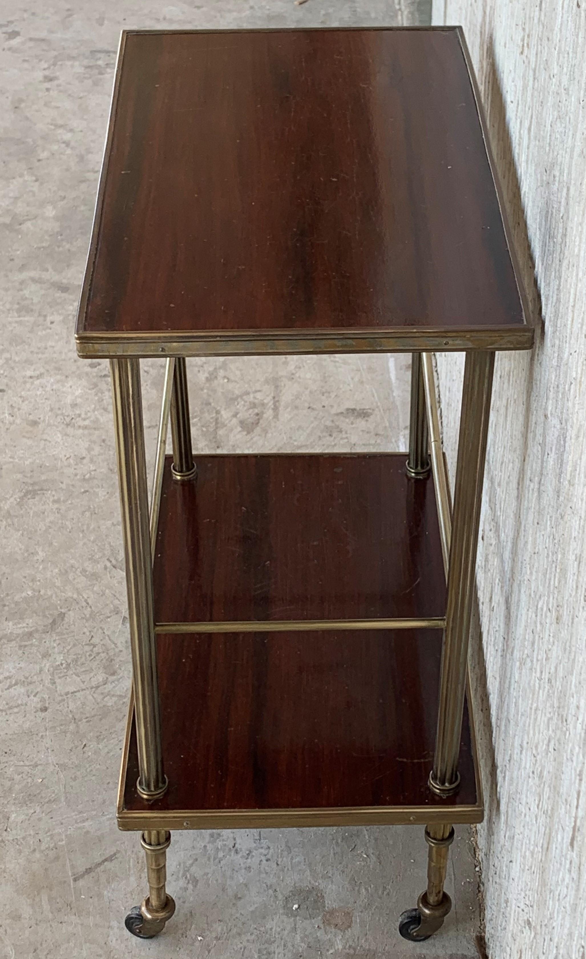 20th Century Mid-Century Modern Two-Tier Brass and Mahogany Veneer Side Table with Wheels
