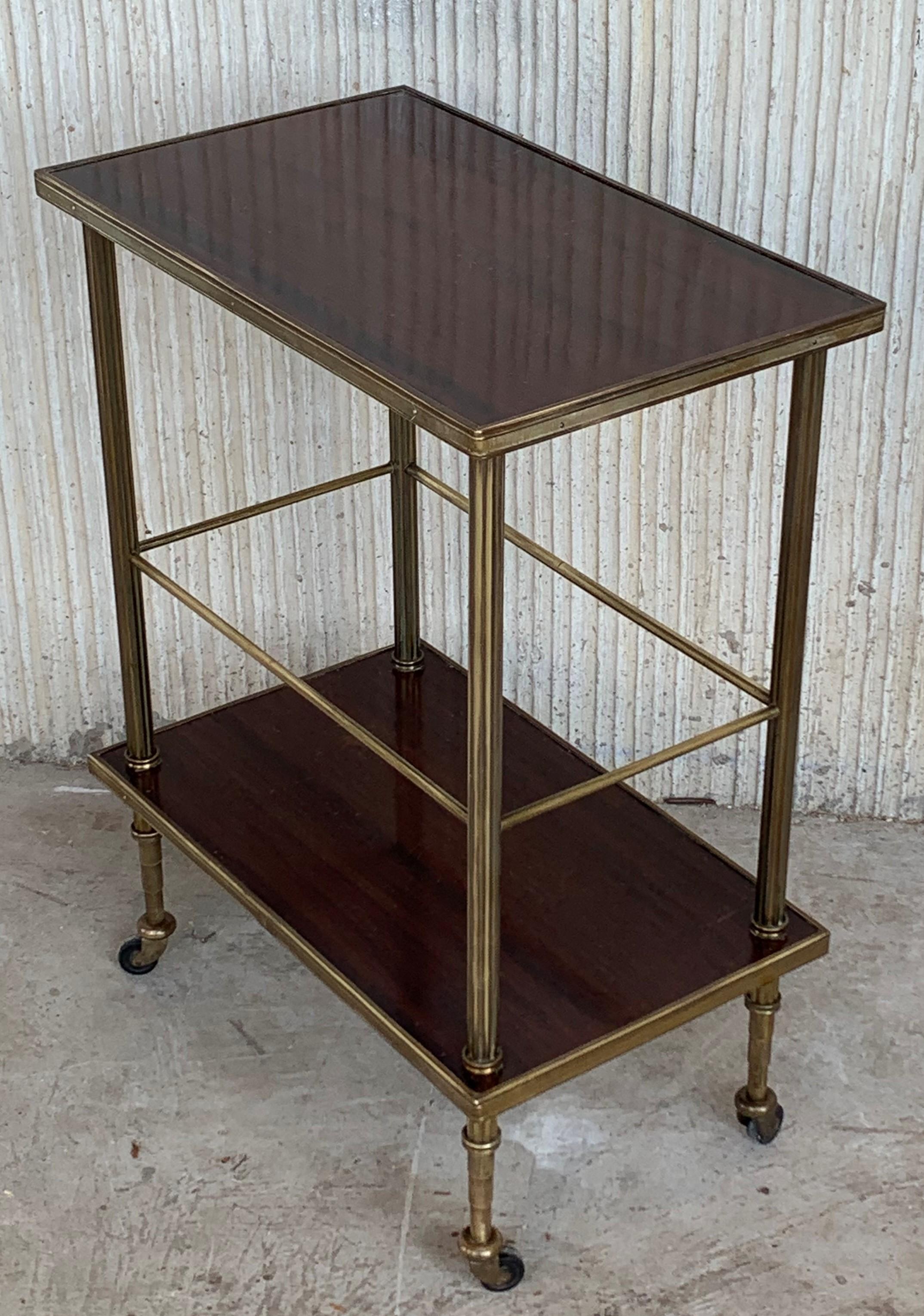 Mid-Century Modern Two-Tier Brass and Mahogany Veneer Side Table with Wheels 1