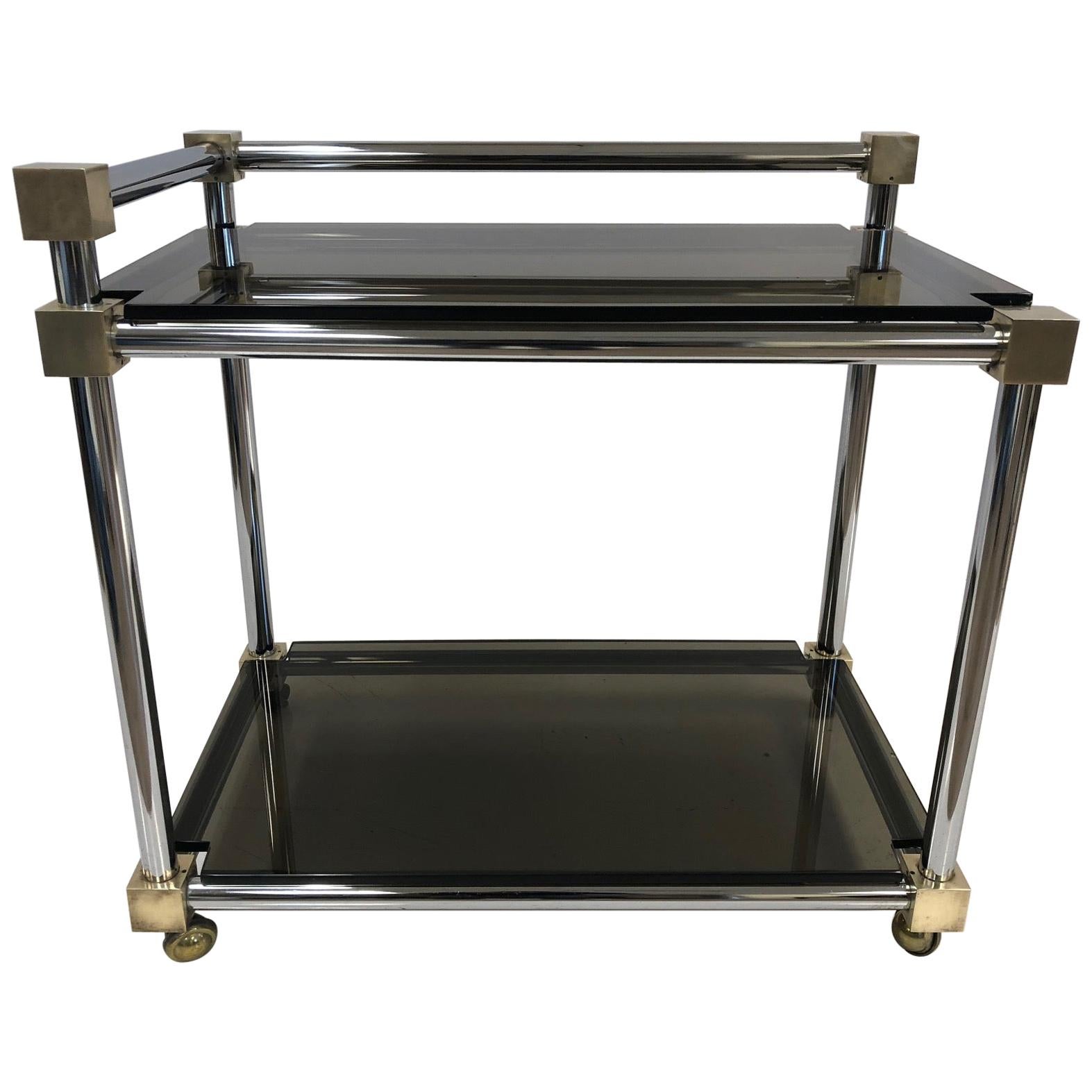 Mid-Century Modern Two-Tier Brass, Chrome and Smoked Glass Bar Cart