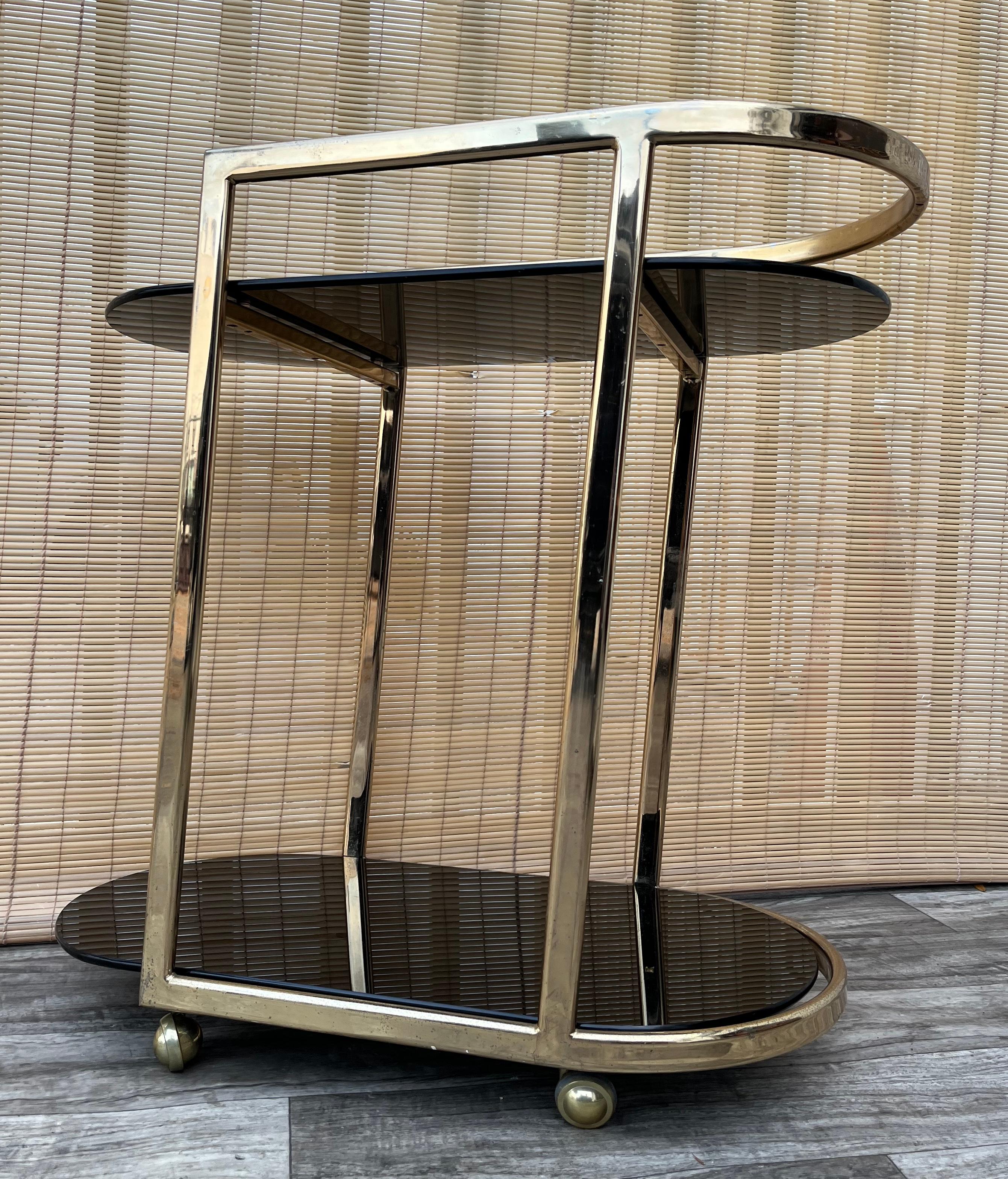 American Mid Century Modern Two Tier Brass & Glass Dry Bar/ Serving Cart. Circa 1970s For Sale