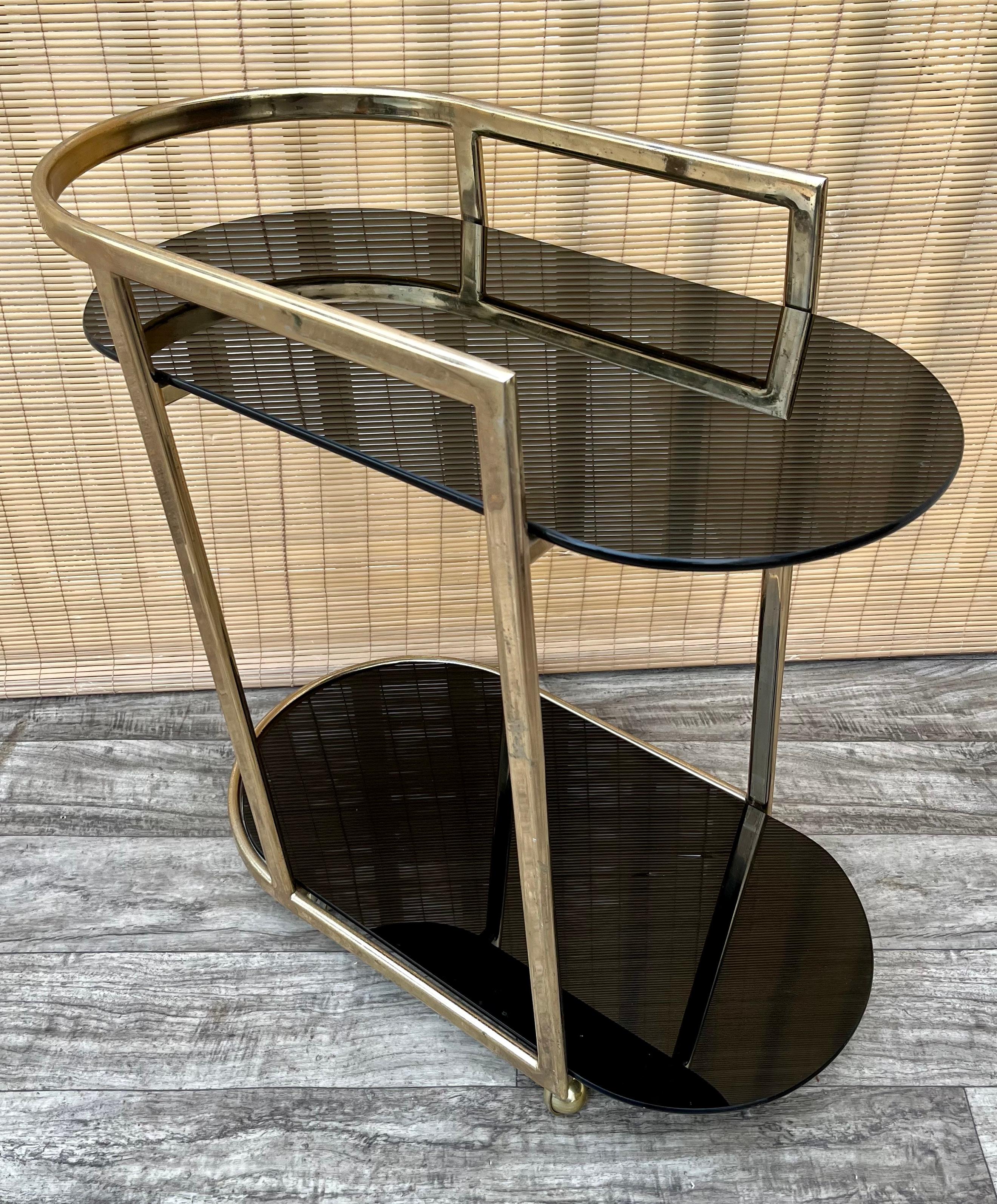 Late 20th Century Mid Century Modern Two Tier Brass & Glass Dry Bar/ Serving Cart. Circa 1970s For Sale