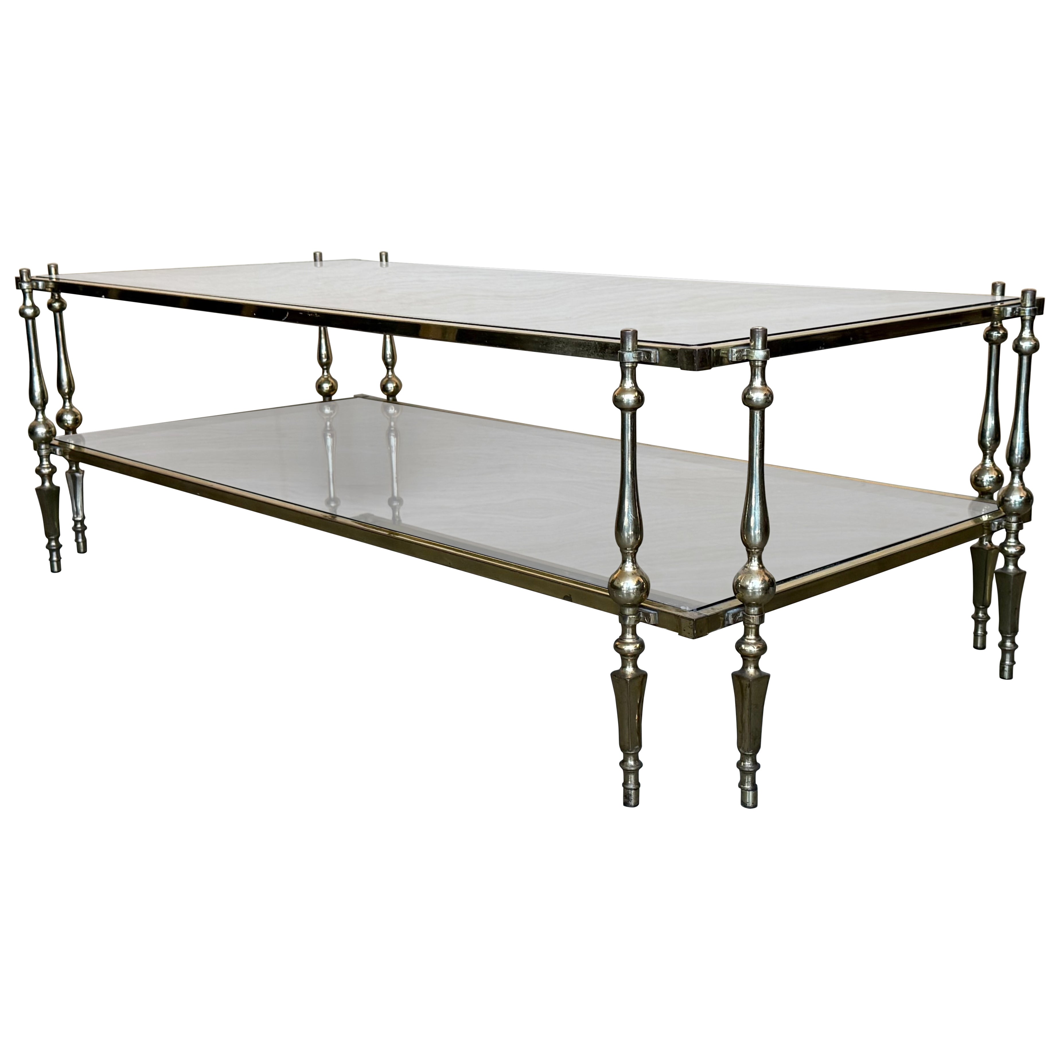 Mid-Century Modern Two-Tier Brass with Fumé Glass Rectangular Side Table For Sale