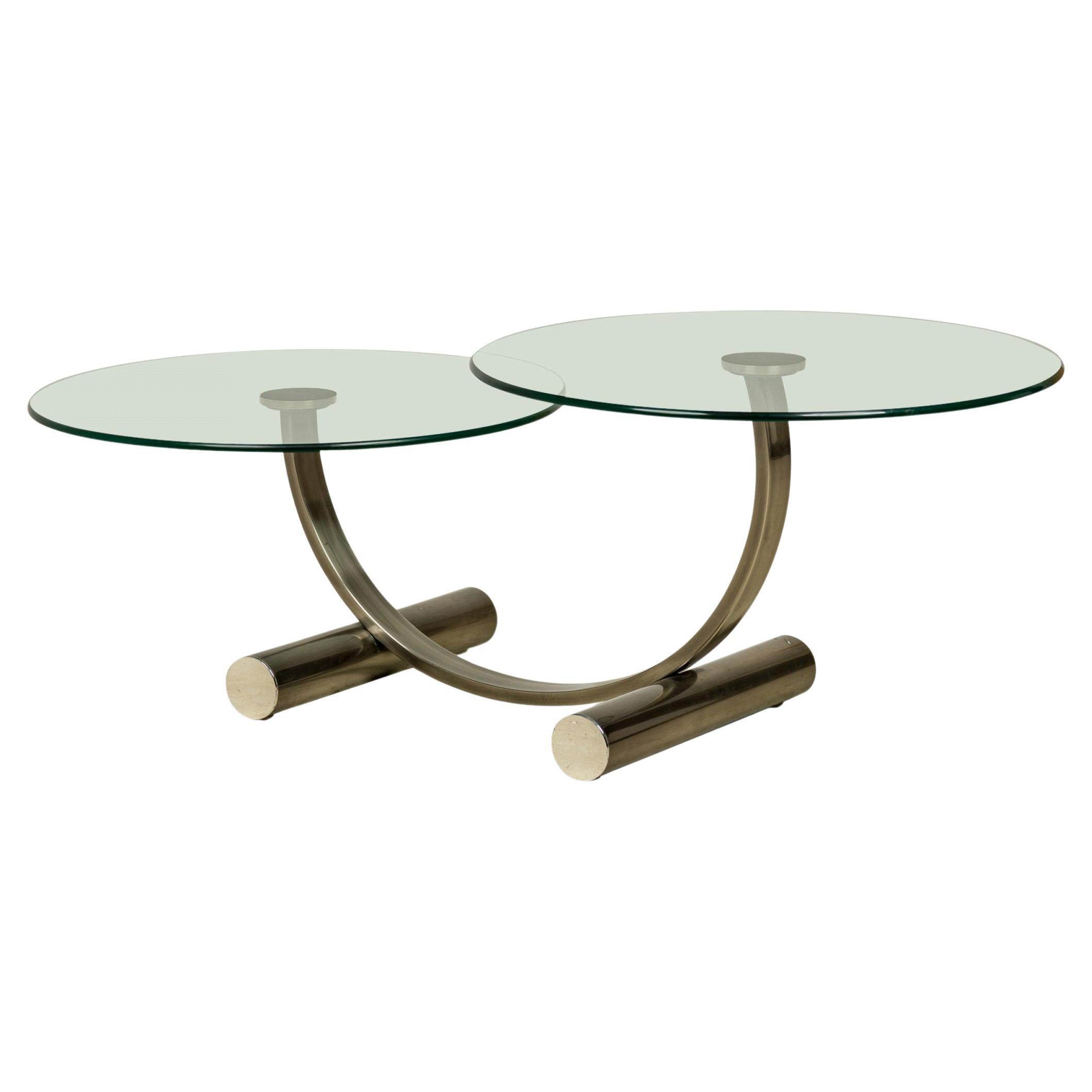 Mid-Century Modern Two Tier Circular Glass Silver Metal Frame Coffee Table im Angebot