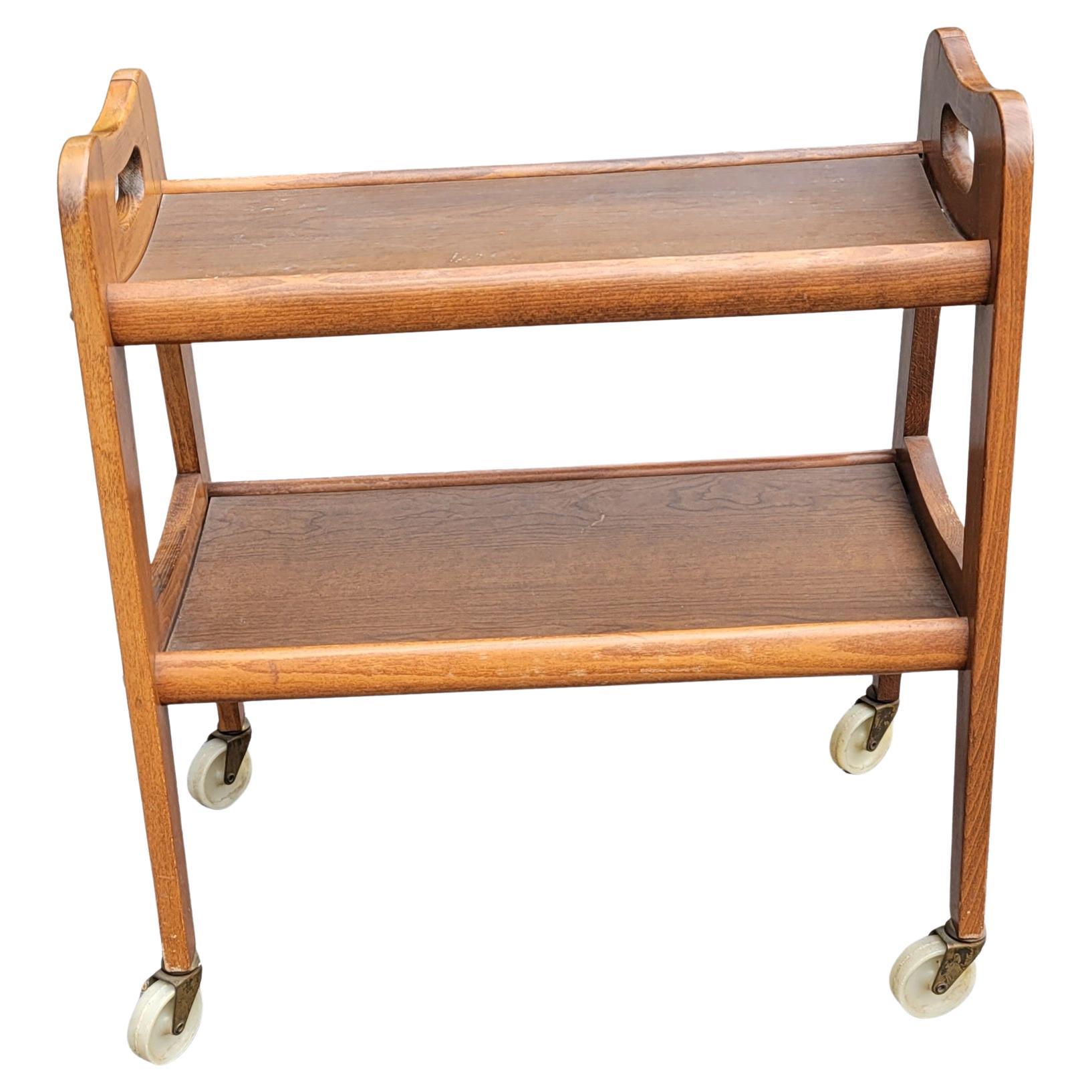 Woodwork Mid-Century Modern Two-Tier European Rolling Cart Table For Sale