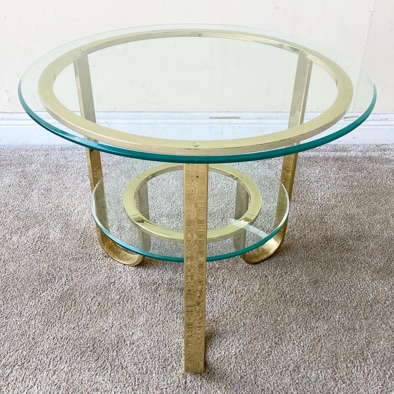 Mid Century Modern Two Tier Gold Glass Top Side Table For Sale at 1stDibs