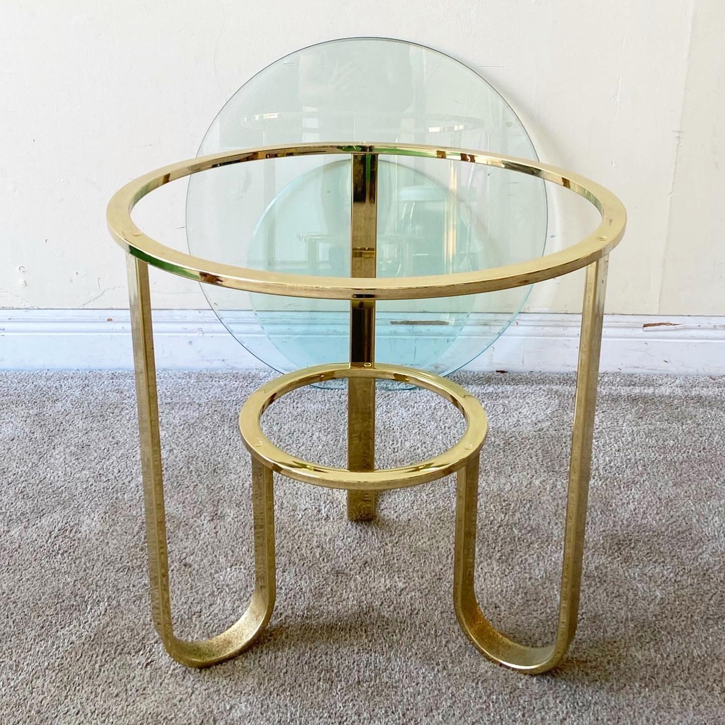 Hollywood Regency Mid Century Modern Two Tier Gold Glass Top Side Table