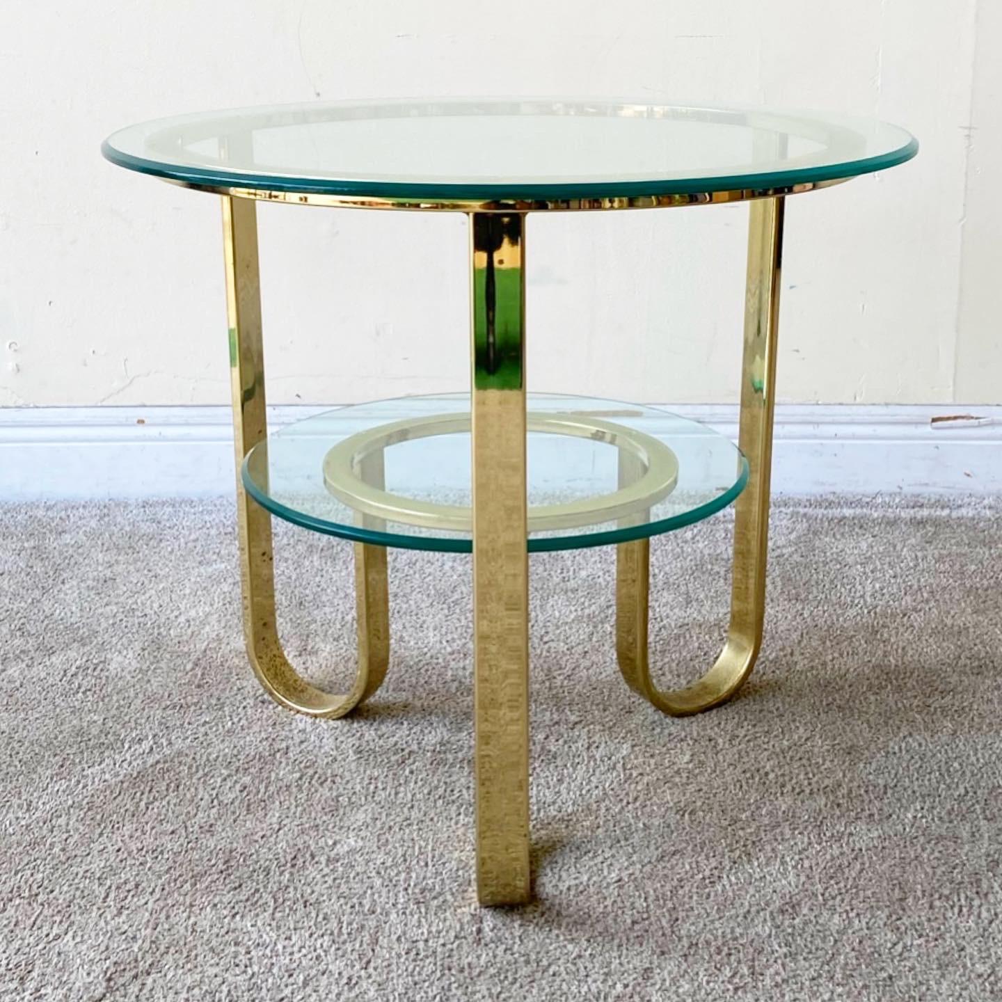 American Mid Century Modern Two Tier Gold Glass Top Side Table