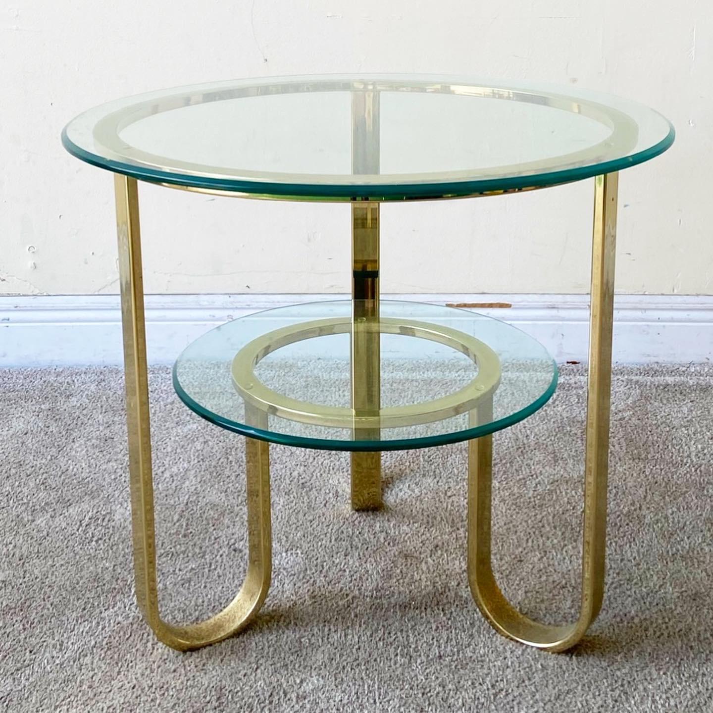 Late 20th Century Mid Century Modern Two Tier Gold Glass Top Side Table