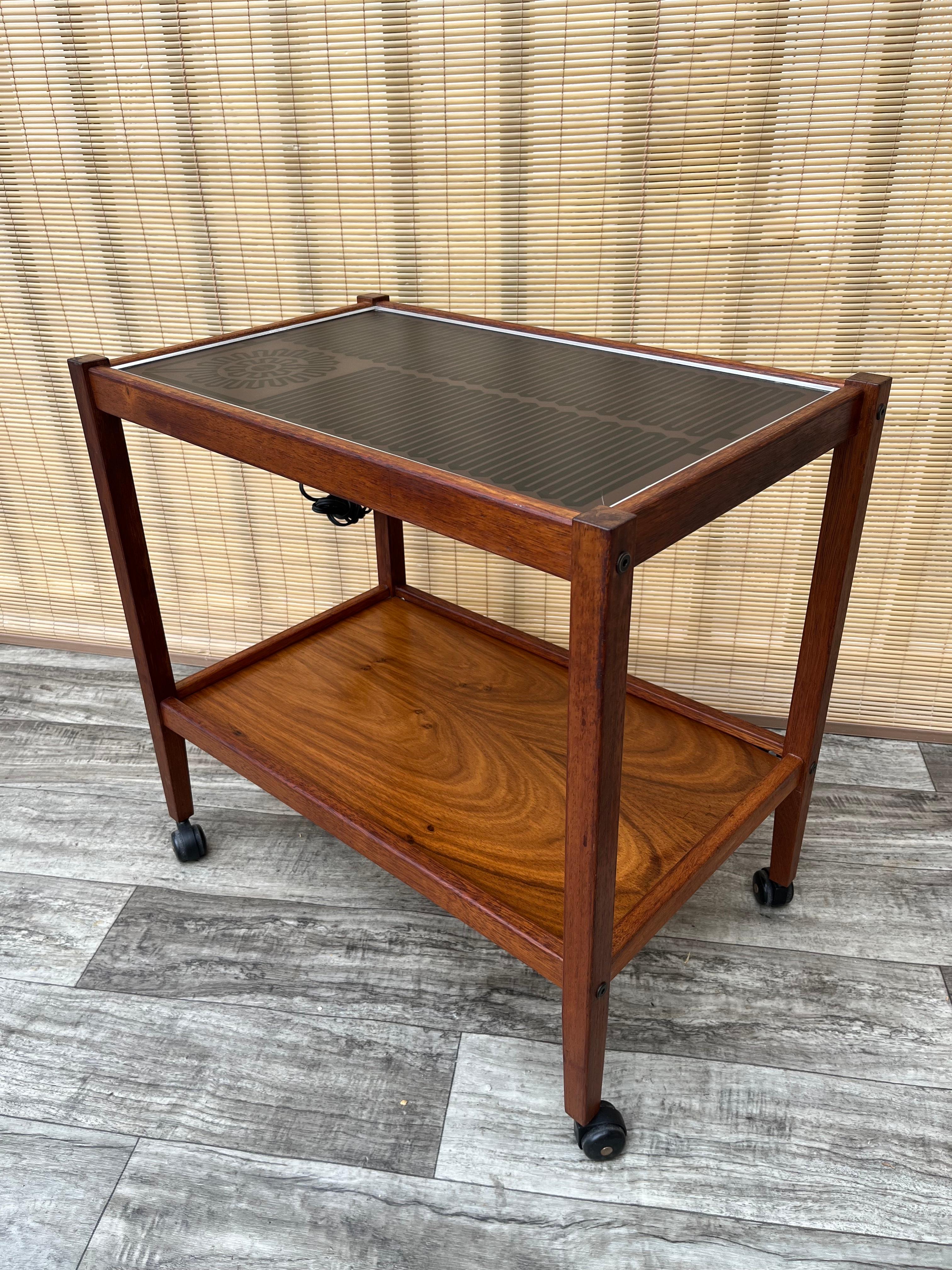 Vintage Mid-Century Modern Two-Tier Hot Table Buffet Cart by Salton. Circa 1960s
Features a solid wood frame in a Scandinavian Mid-Century Modern Inspired Design, a beautiful wood grain, with Casters and a top glass food warmer surface.
In