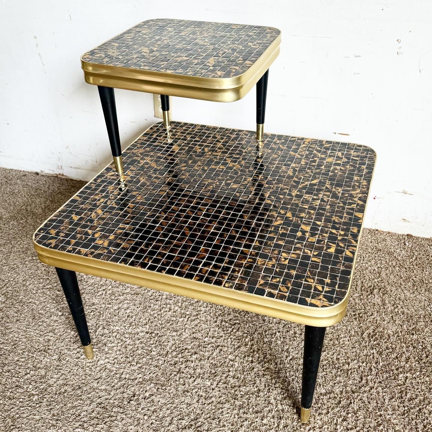 American Mid Century Modern Two Tier Mosaic Top and Gold Side Table For Sale