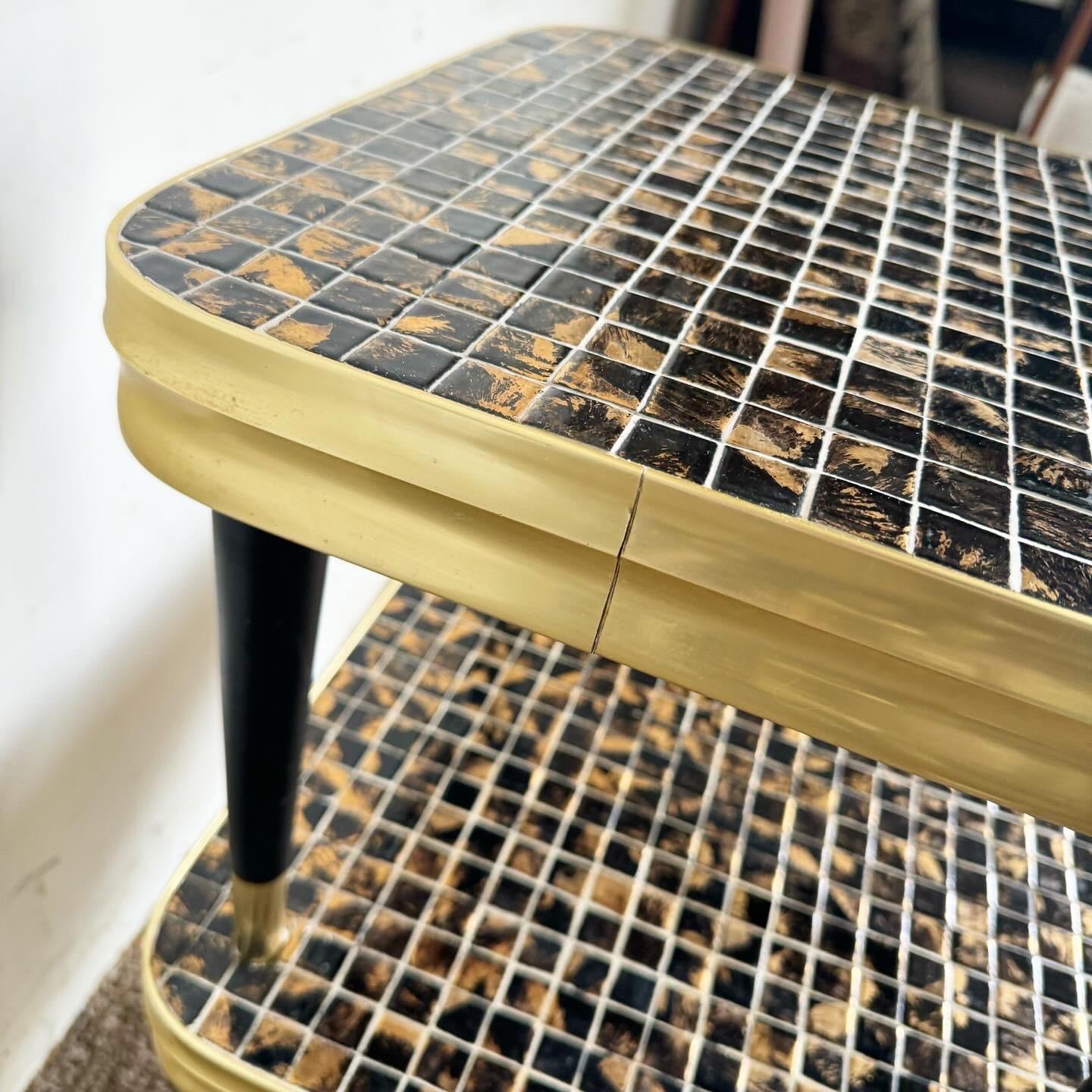 Mid Century Modern Two Tier Mosaic Top and Gold Side Table In Good Condition For Sale In Delray Beach, FL