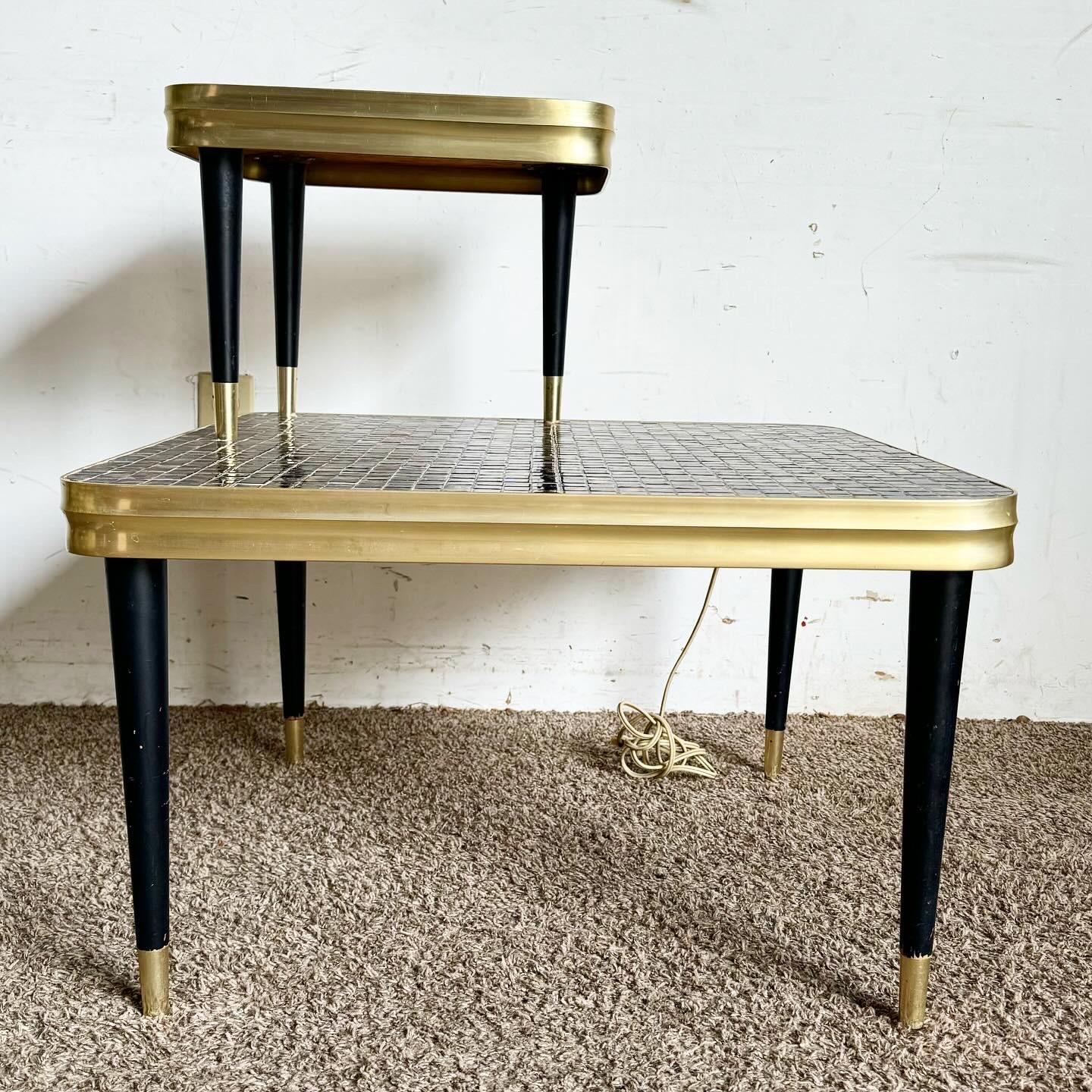 Wood Mid Century Modern Two Tier Mosaic Top and Gold Side Table For Sale