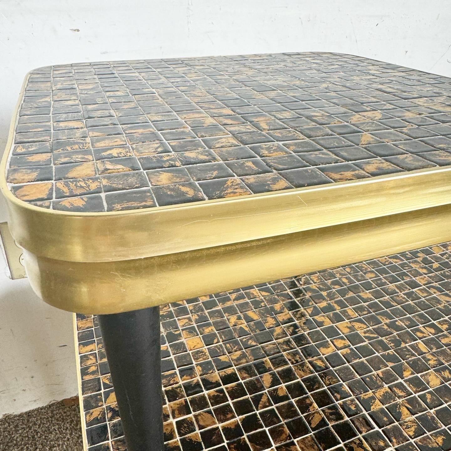 Mid Century Modern Two Tier Mosaic Top and Gold Side Table In Good Condition For Sale In Delray Beach, FL