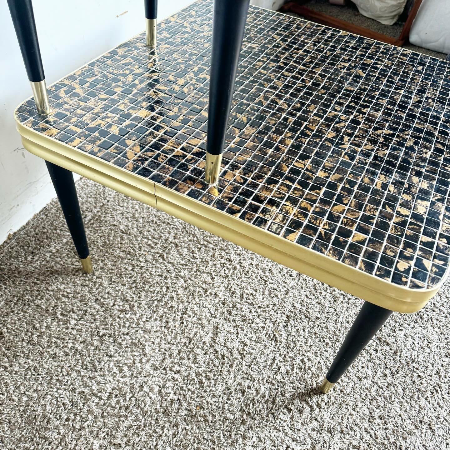 Mid-20th Century Mid Century Modern Two Tier Mosaic Top and Gold Side Table For Sale