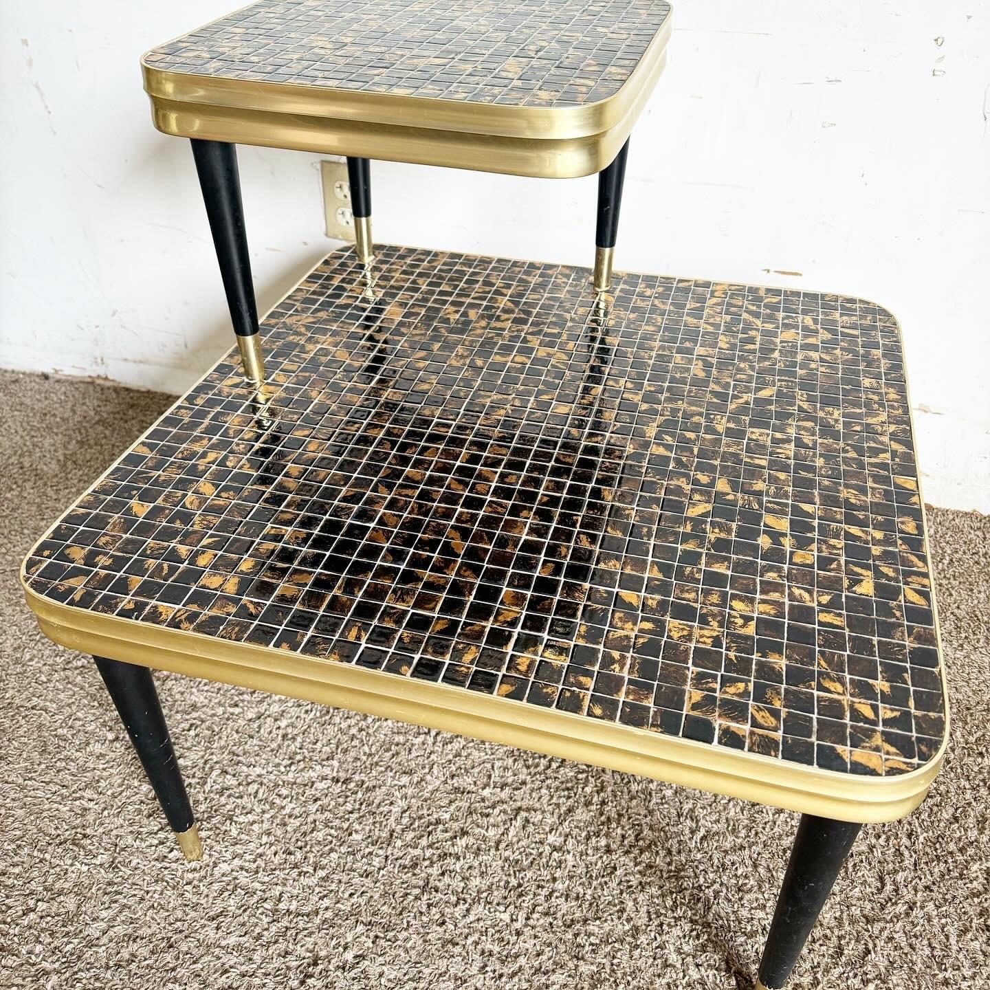 Mid Century Modern Two Tier Mosaic Top and Gold Side Table For Sale 3