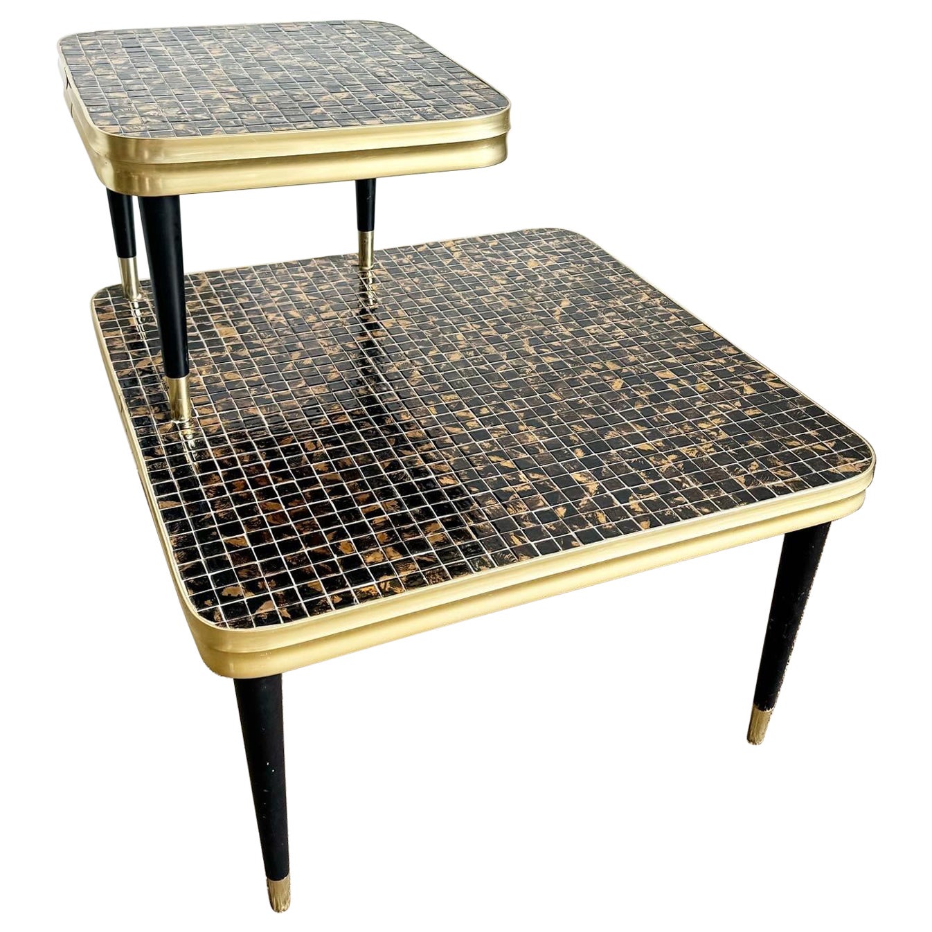 Mid Century Modern Two Tier Mosaic Top and Gold Side Table