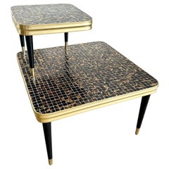 Mid Century Modern Two Tier Mosaic Top and Gold Side Table