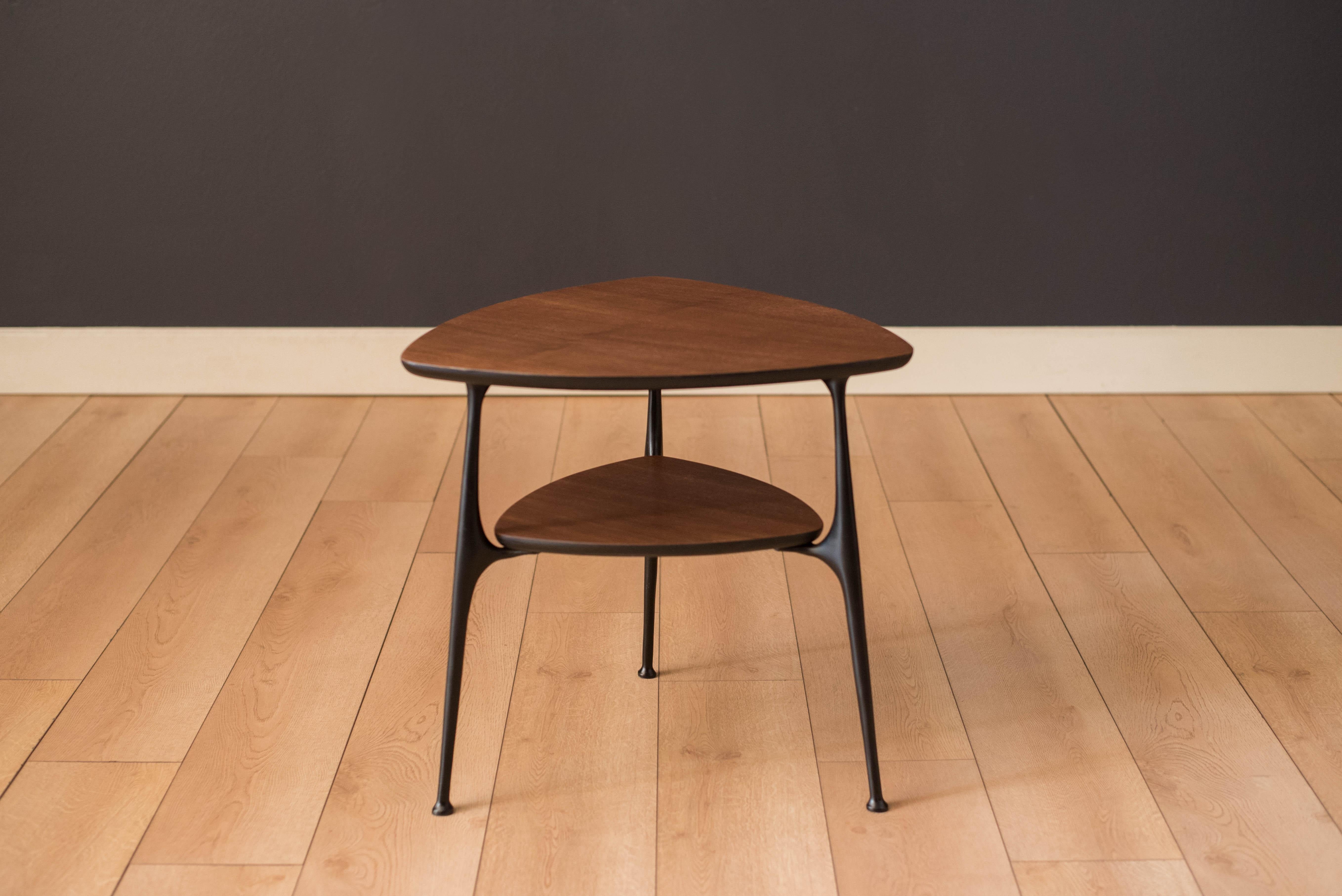 Cast Mid-Century Modern Two-Tier Triangle Black and Walnut End Table