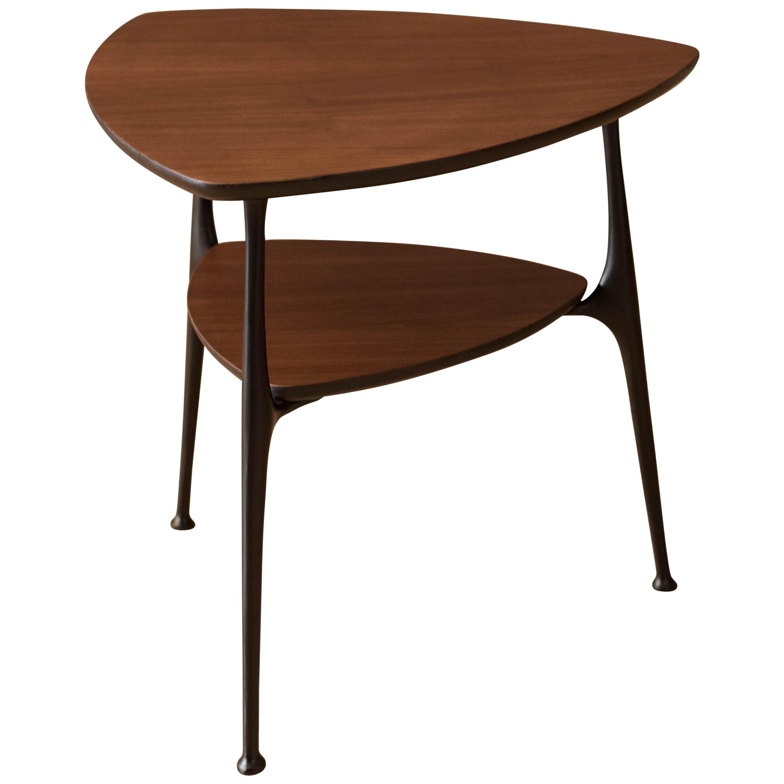 Mid-Century Modern Two-Tier Triangle Black and Walnut End Table
