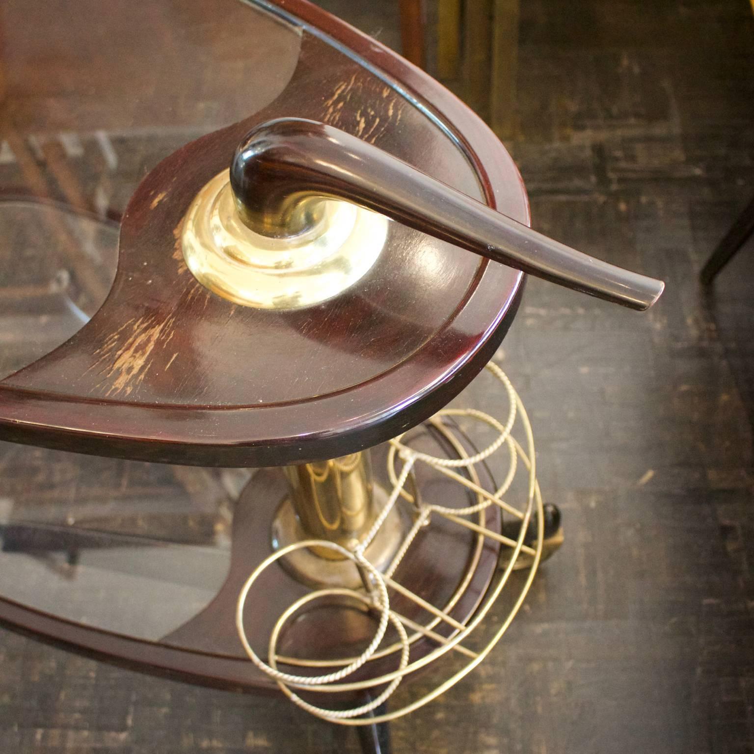 Italian Mid-Century Modern Two-Tier Wooden Bar Trolley with Brass Details, Italy, 1950s