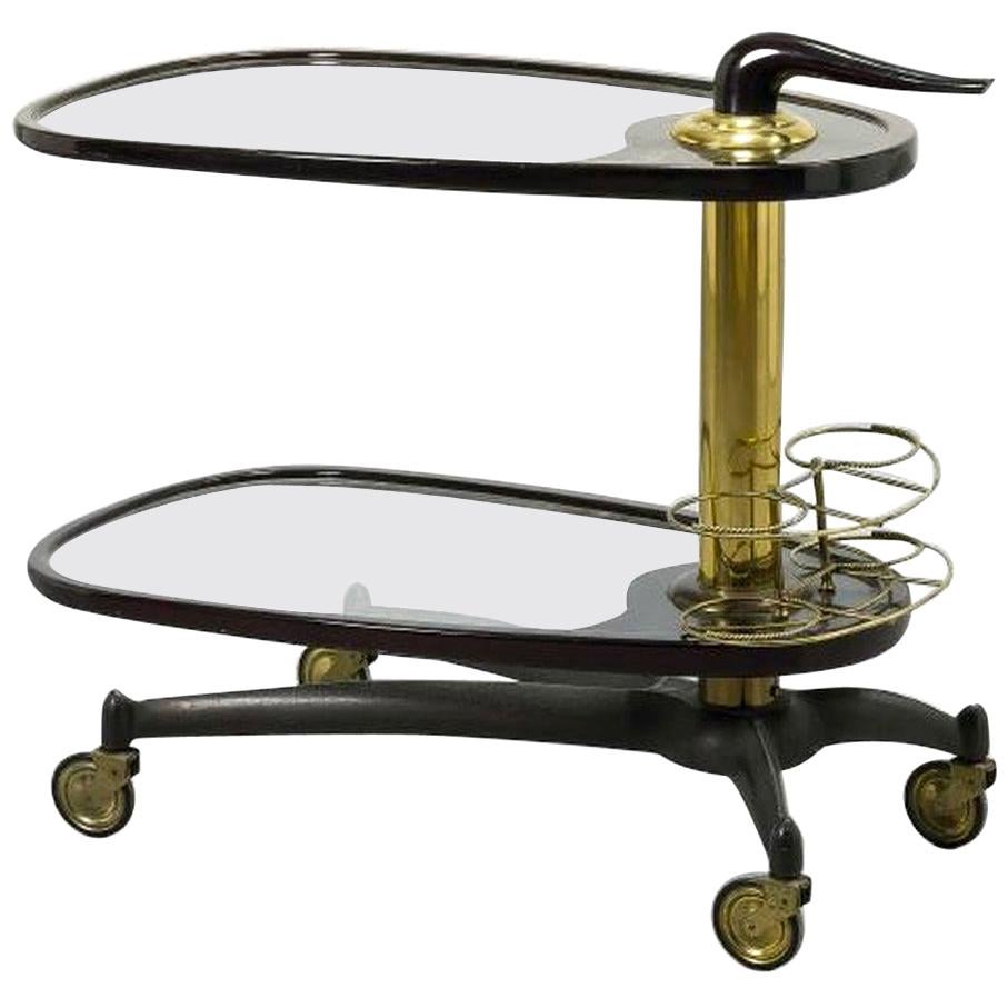 Mid-Century Modern Two-Tier Wooden Bar Trolley with Brass Details, Italy, 1950s