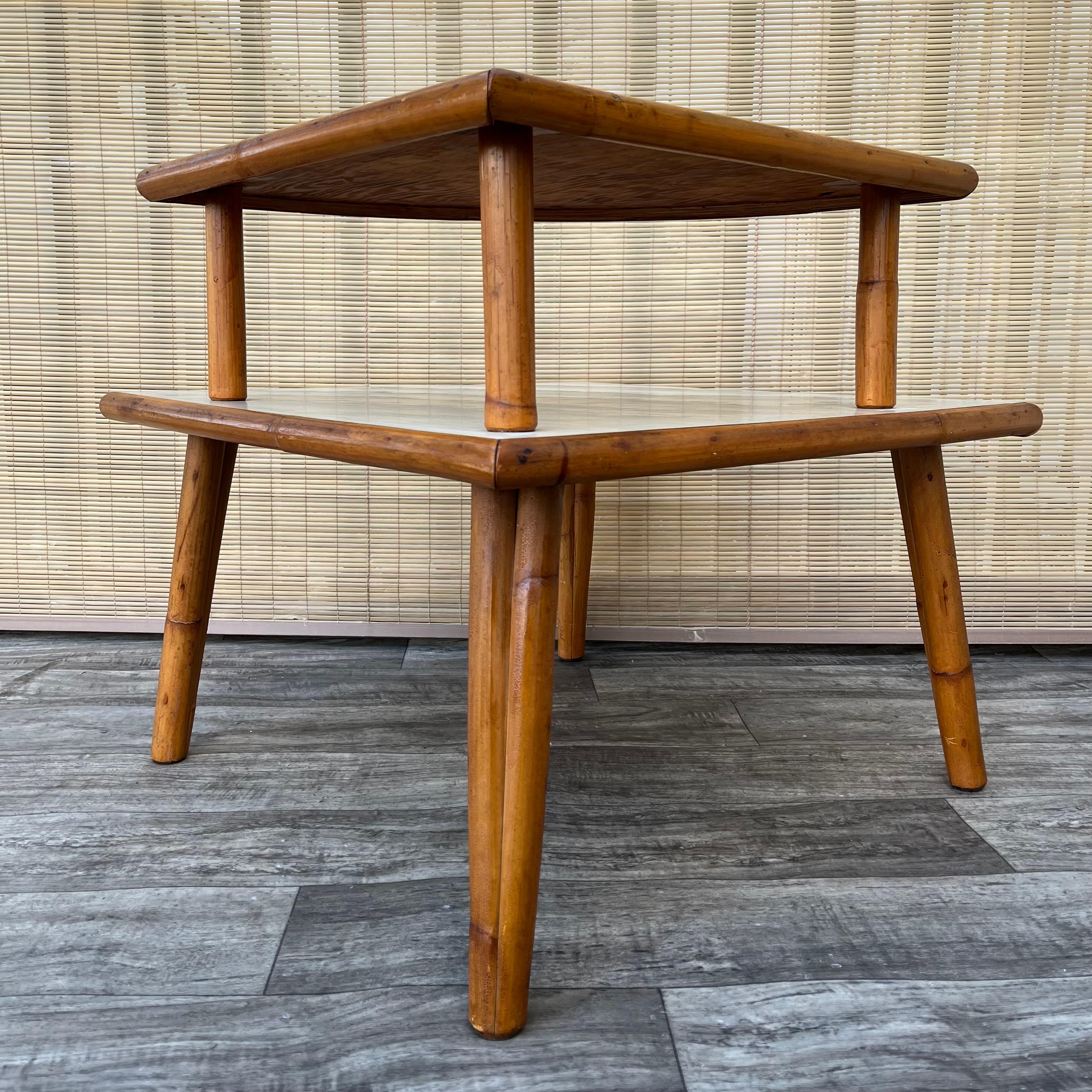 Mid Century Modern Two Tiered Rattan Corner Table. Circa 1950s For Sale 3