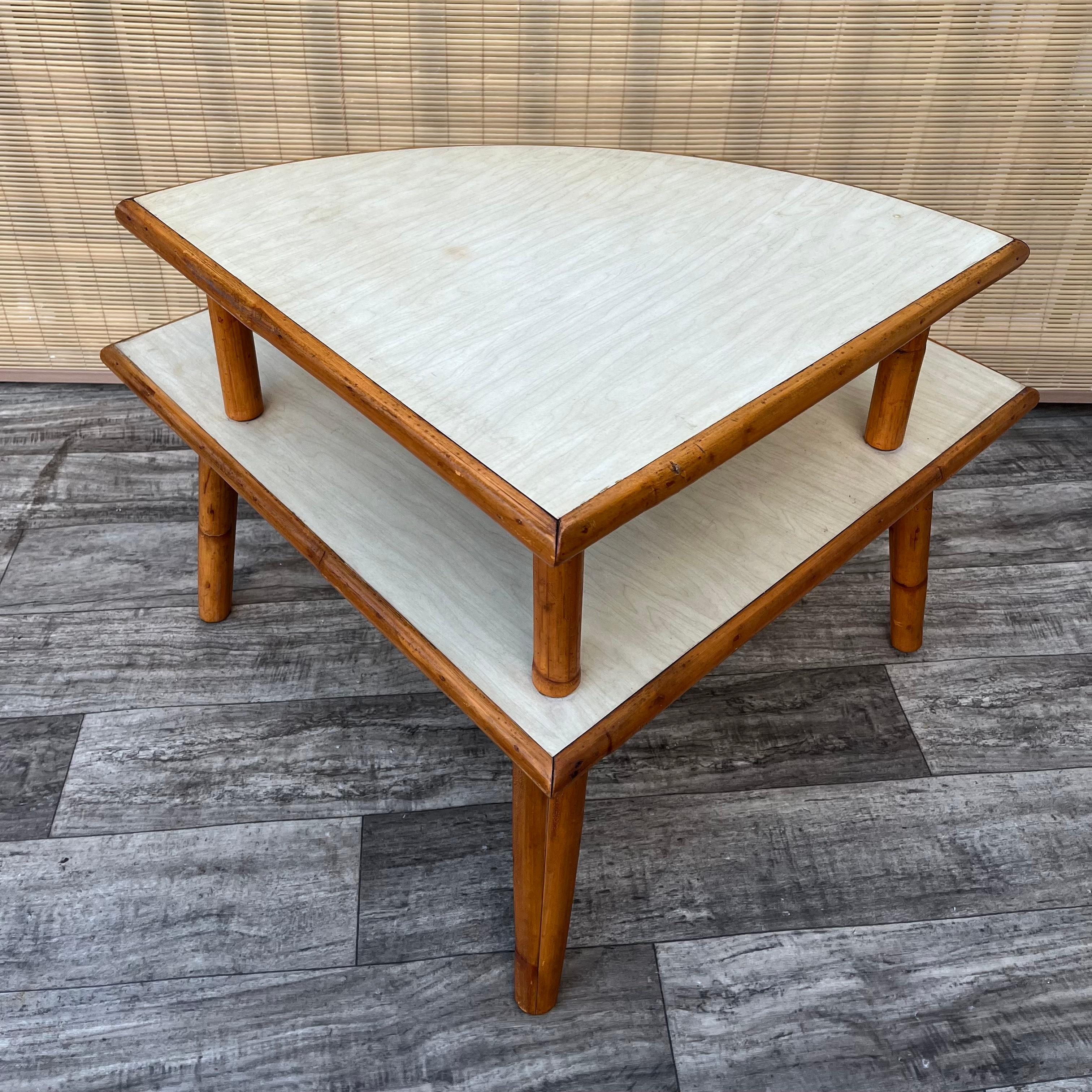 Mid Century Modern Two Tiered Rattan Corner Table. Circa 1950s For Sale 4
