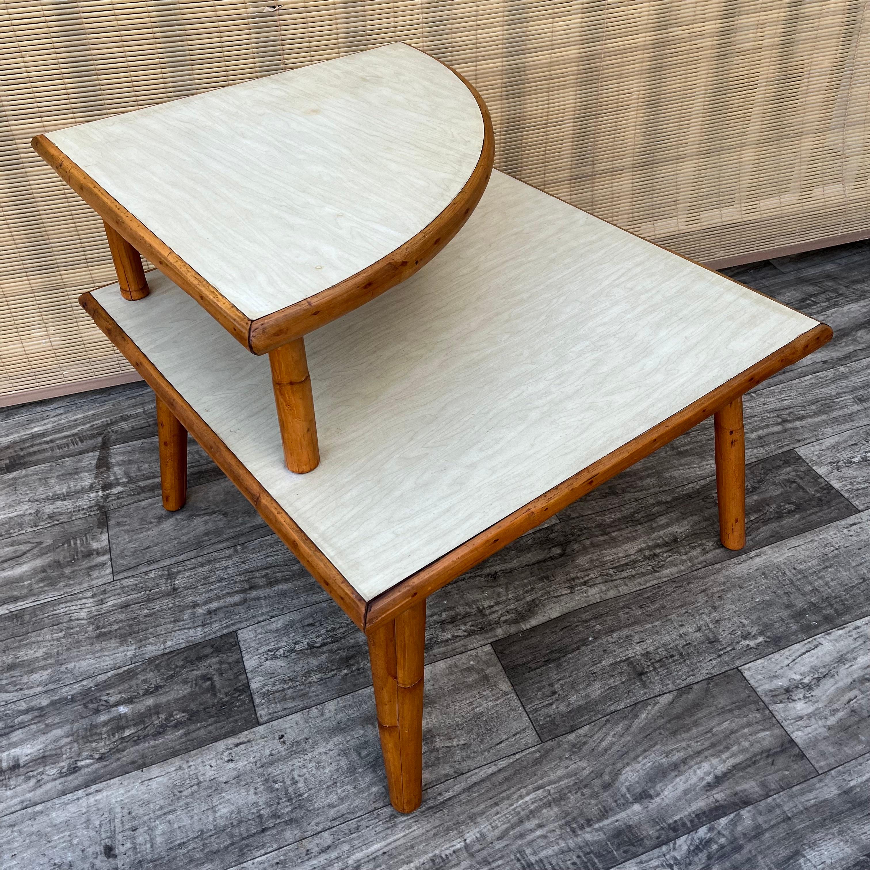 Mid Century Modern Two Tiered Rattan Corner Table. Circa 1950s For Sale 5