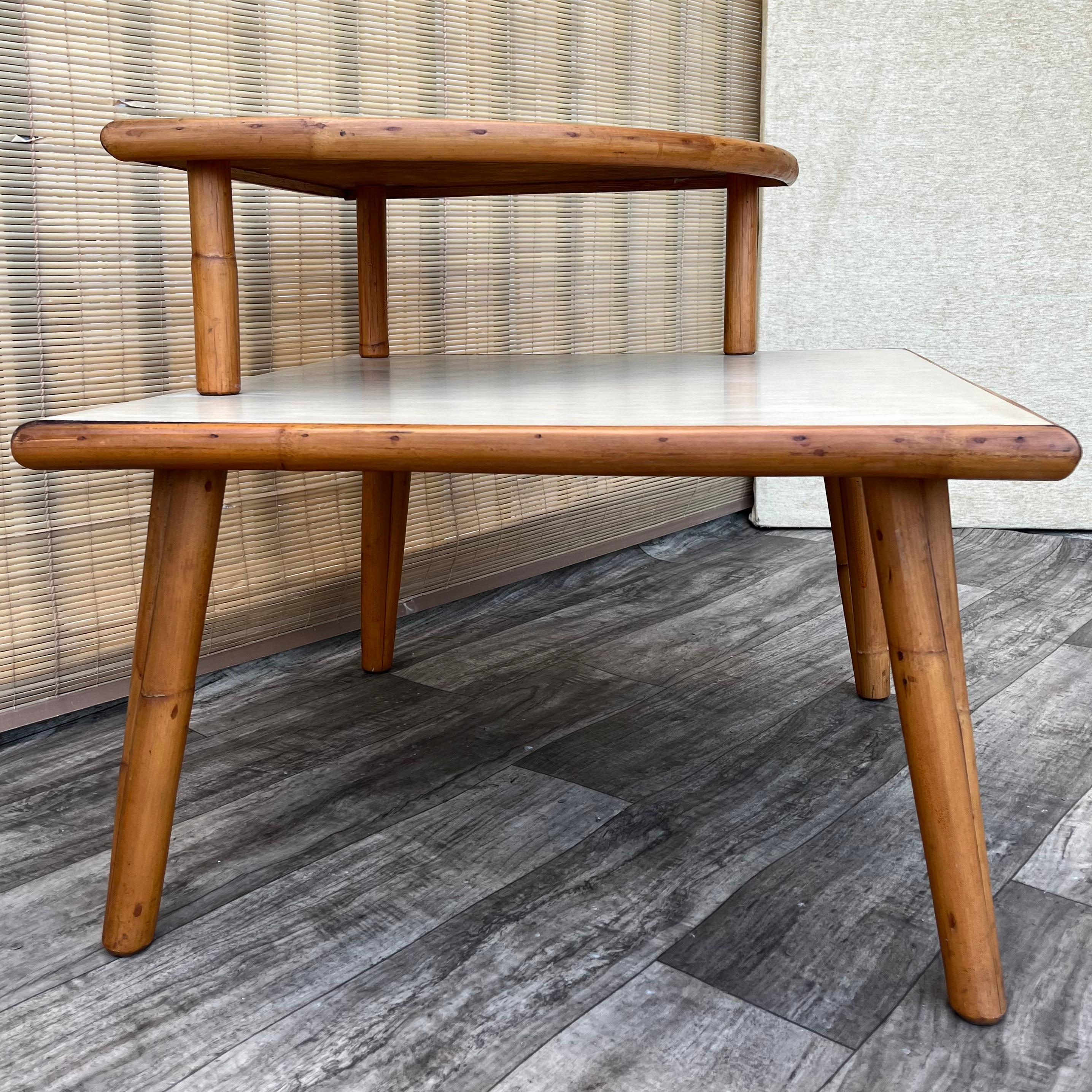 Mid Century Modern Two Tiered Rattan Corner Table. Circa 1950s For Sale 6