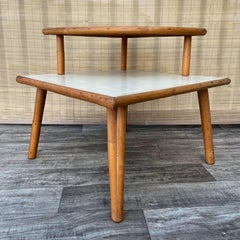 Mid Century Modern Two Tiered Rattan Corner Table. Circa 1950s