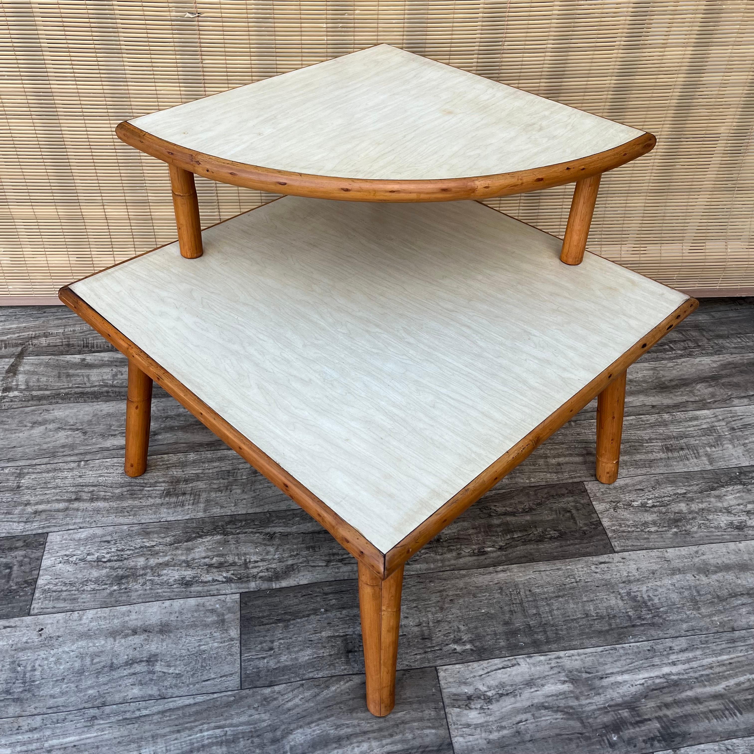 Mid-Century Modern Mid Century Modern Two Tiered Rattan Corner Table. Circa 1950s For Sale