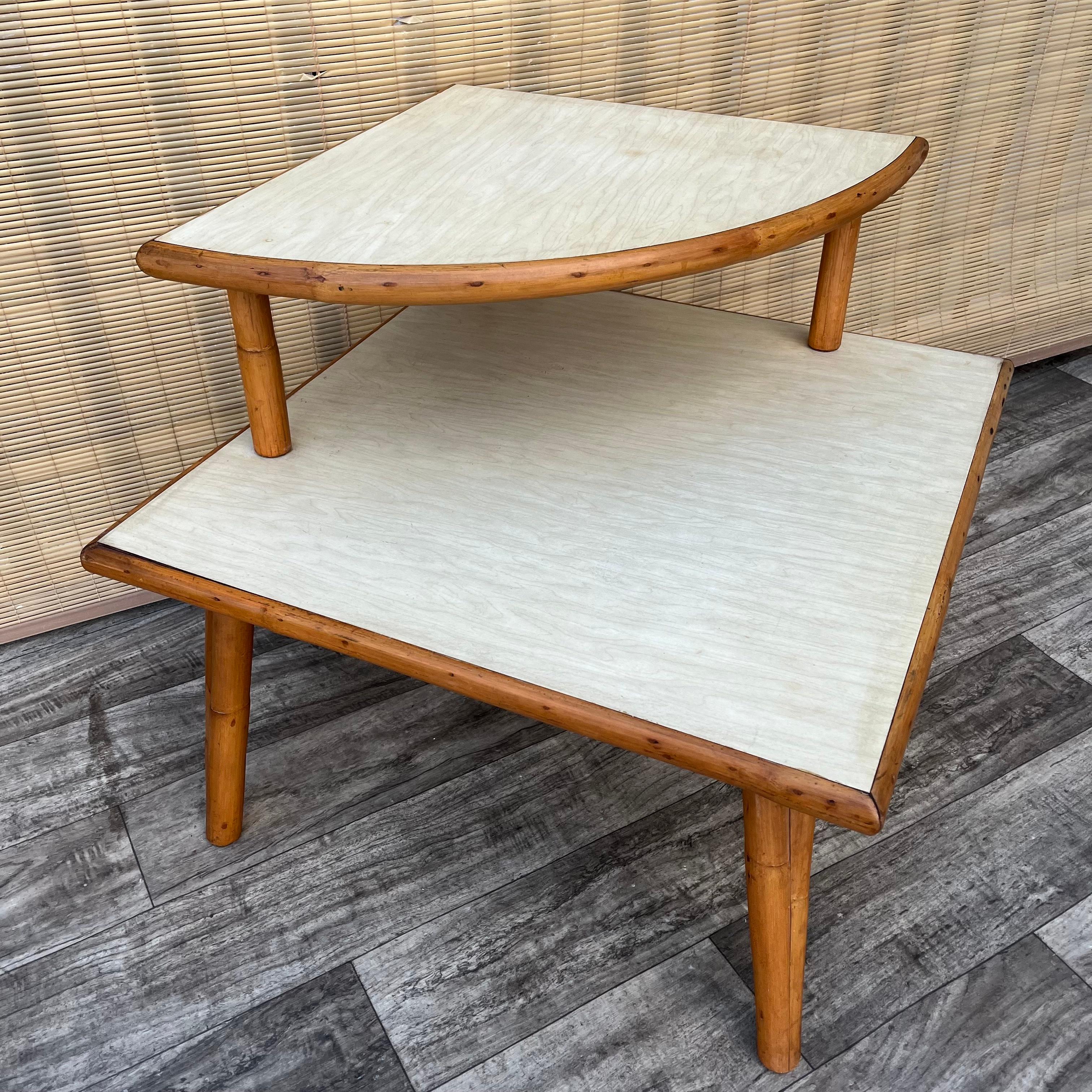 American Mid Century Modern Two Tiered Rattan Corner Table. Circa 1950s For Sale