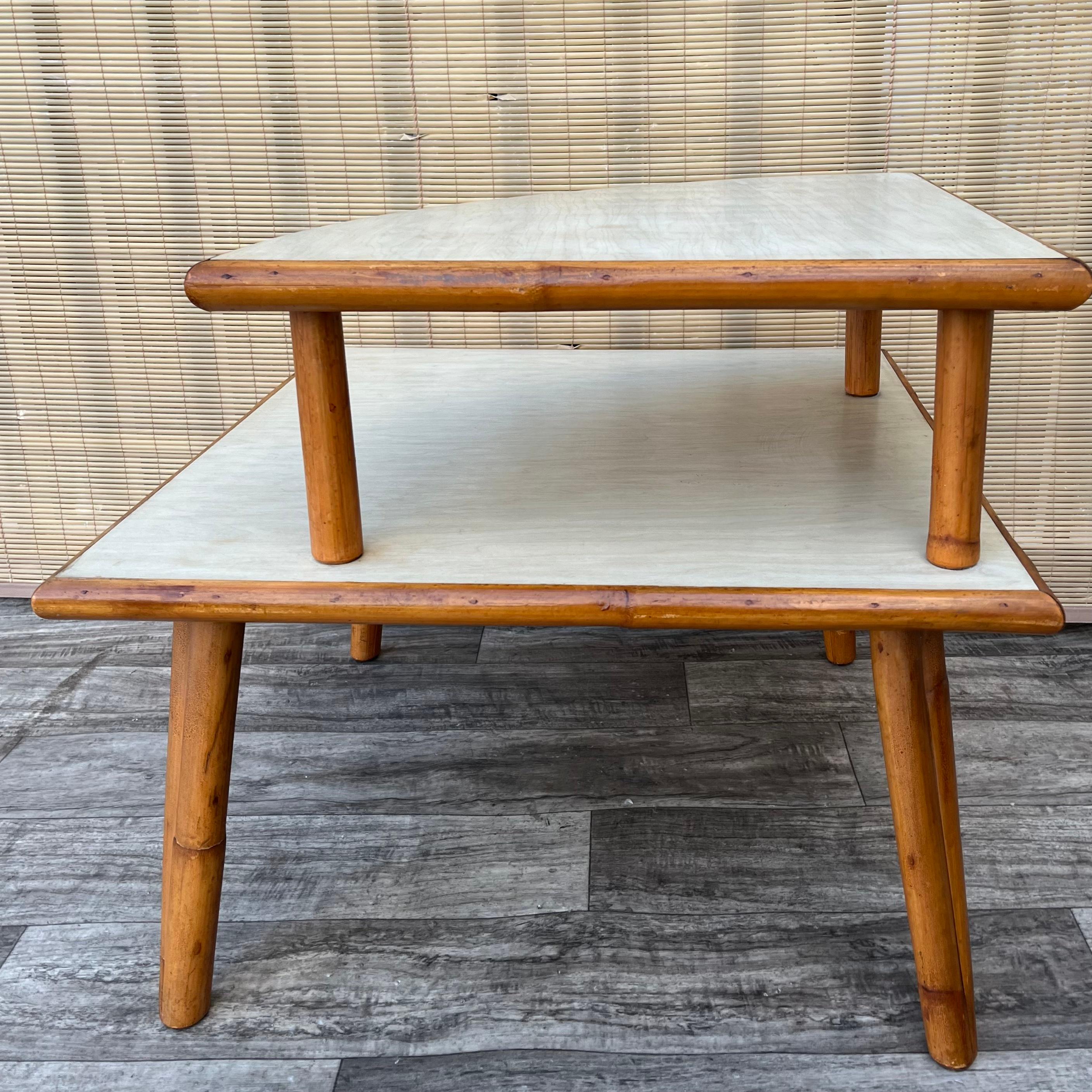 Mid Century Modern Two Tiered Rattan Corner Table. Circa 1950s For Sale 2