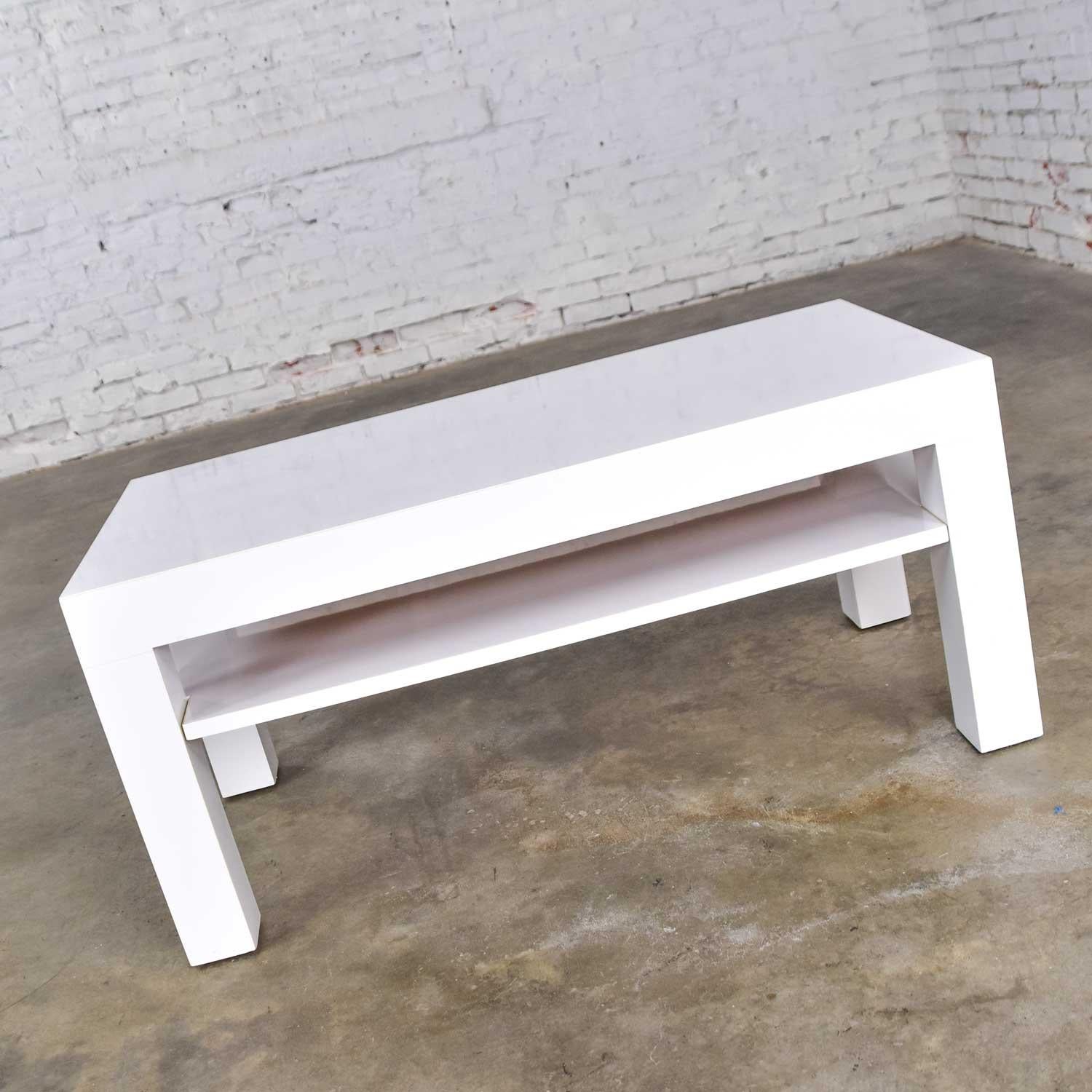 Glass Mid-Century Modern Two-Tiered White Laminate Parson’s Style Coffee or End Table For Sale