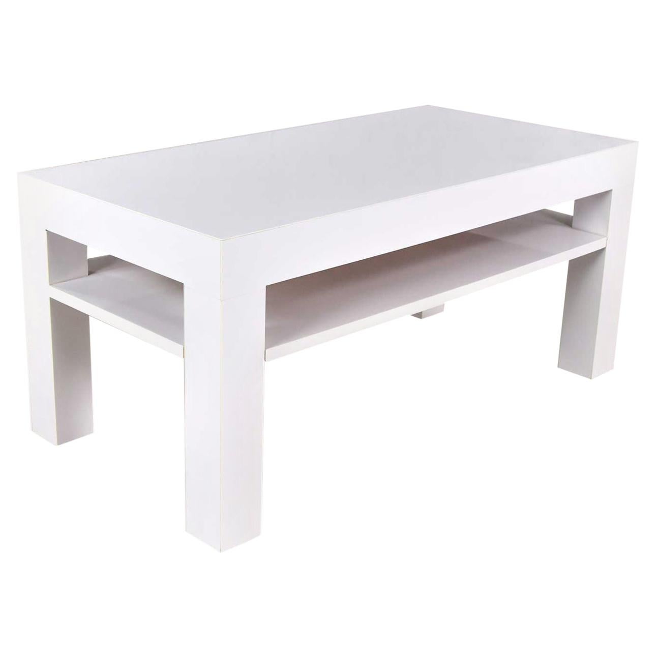 Mid-Century Modern Two-Tiered White Laminate Parson’s Style Coffee or End Table For Sale