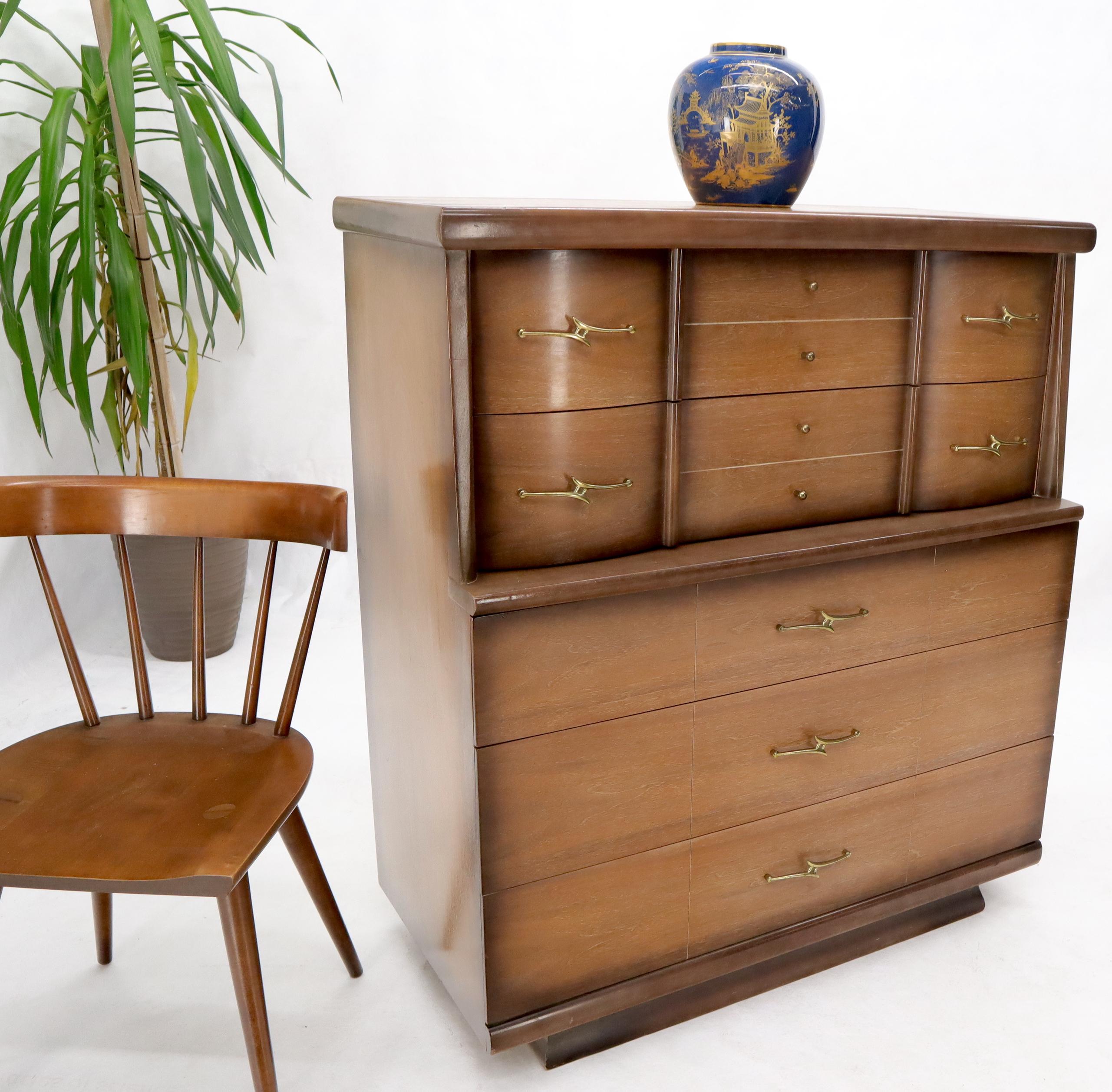 Compact chest on chest style Mid-Century Modern two-tone horn and dark expresso coffee high chest dresser.