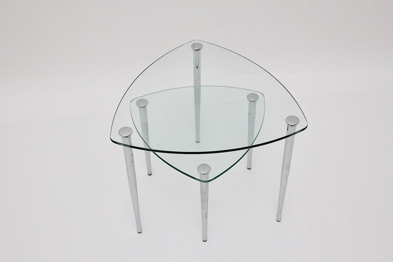 Italian Mid-Century Modern Two Vintage Chromed Glass Side Tables Sofa Tables 1960s Italy For Sale