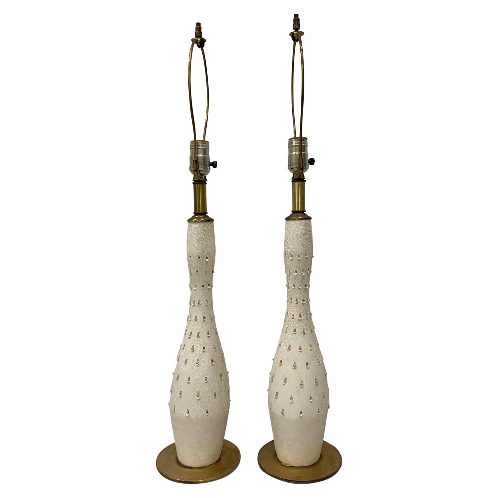 Mid-Century Modern "Tye of California" White and Gold Ceramic Table Lamps For Sale