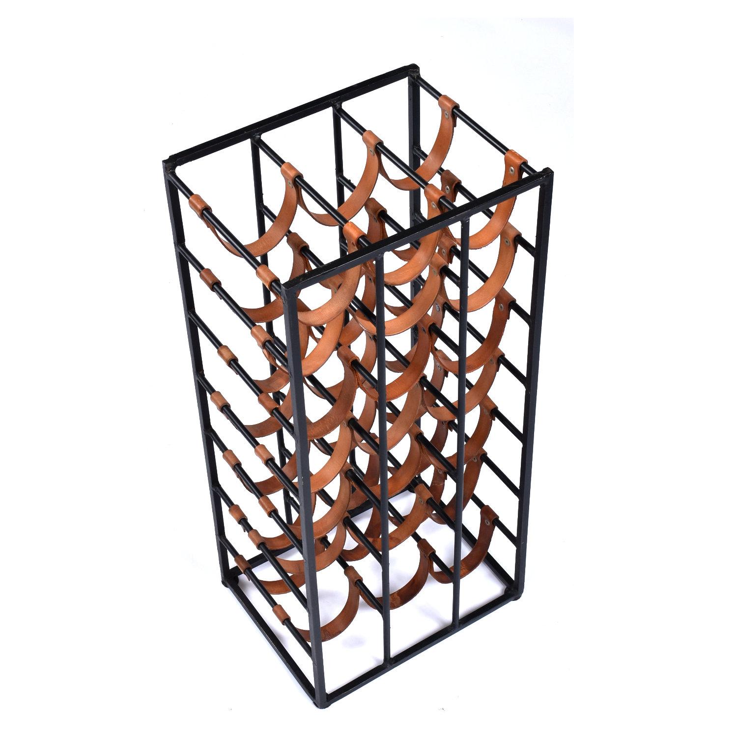 American Mid-Century Modern Umanoff Iron Steel Leather Strap 21 Bottle Wine Rack For Sale