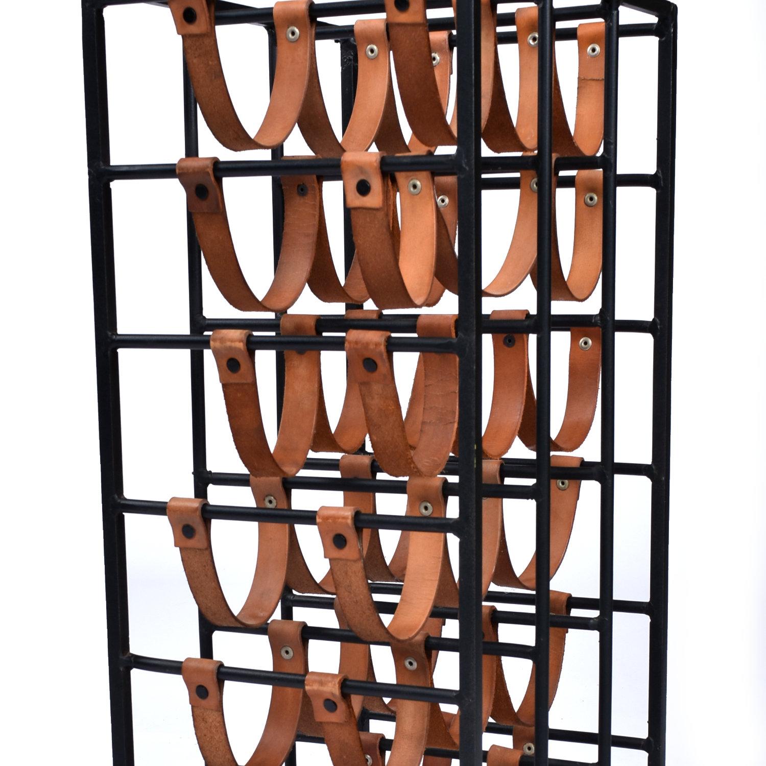 Metal Mid-Century Modern Umanoff Iron Steel Leather Strap 21 Bottle Wine Rack For Sale